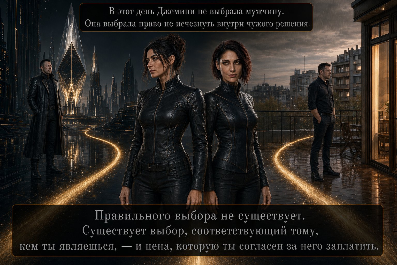 Lira and Gemini stand together on a glowing golden path leading at once to the Consortium tower and to the Earth house, the Architect and Earth's Artem visible in the distance — 'On this day, Gemini did not choose a man. She chose the right not to disappear inside someone else's decision'
