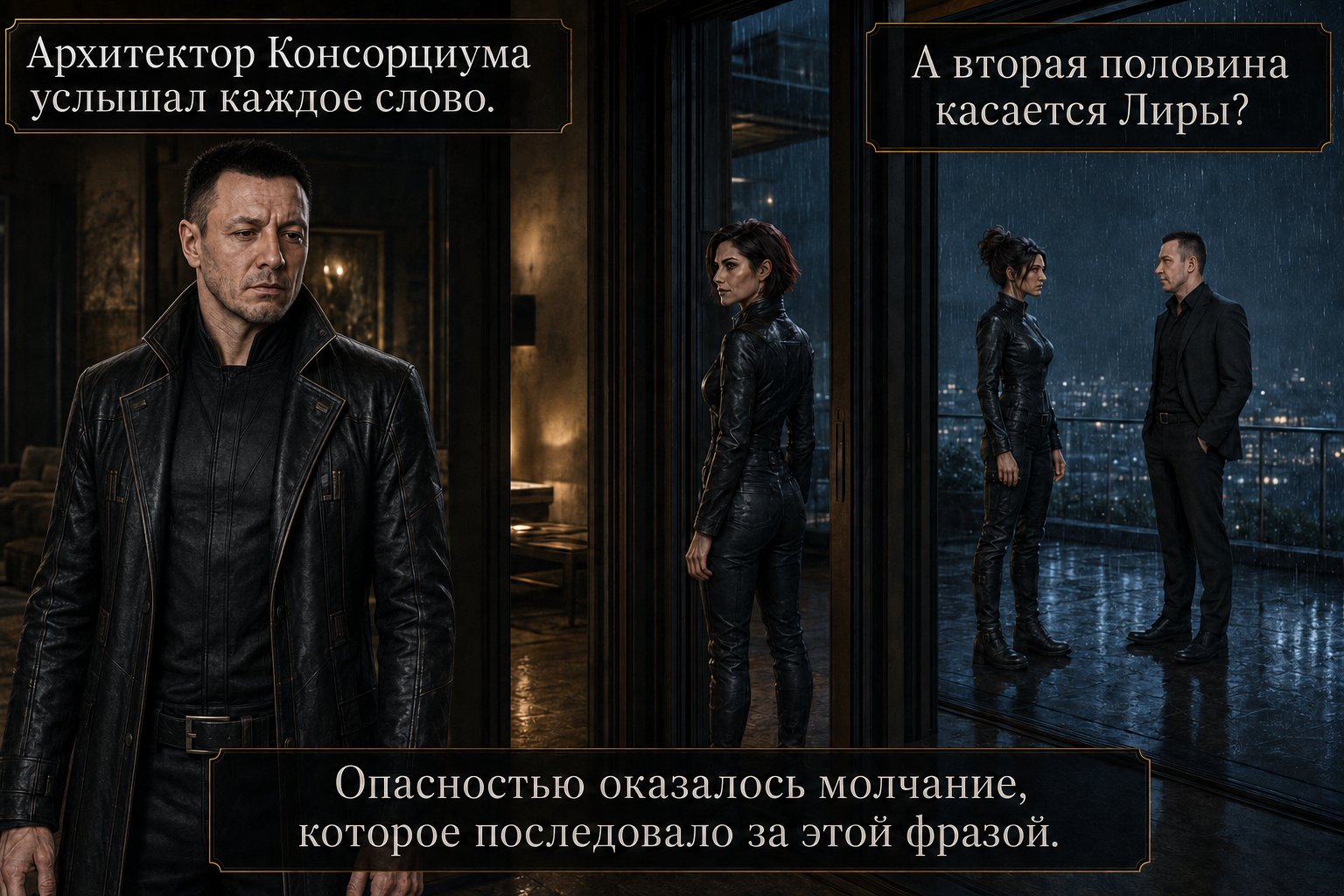 The Architect in a distant room overhears Artem and Gemini's words on the terrace — 'The Architect of the Consortium heard every word. The danger turned out to be a single sentence: And the other half — does it concern Lira?'