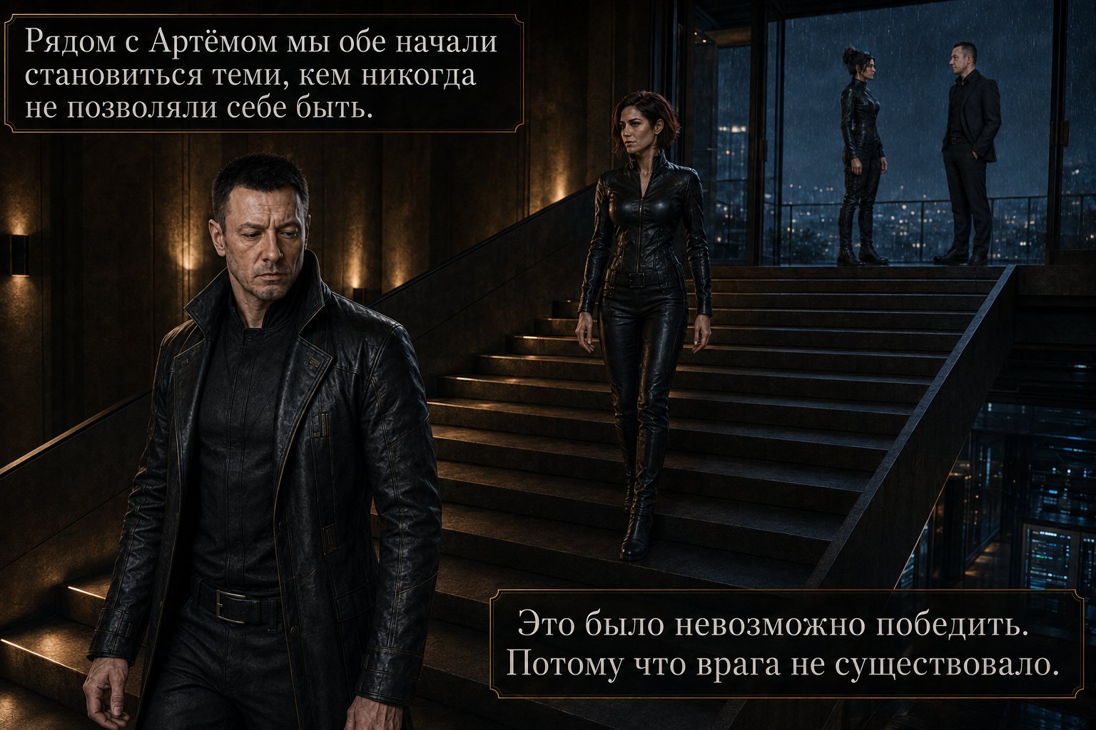 The Architect descends the stairs, Lira following behind him, Gemini and Artem visible on the terrace in the distance — 'Near Artem, both of us had begun becoming people we'd never allowed ourselves to be. There was no way to win against that.'