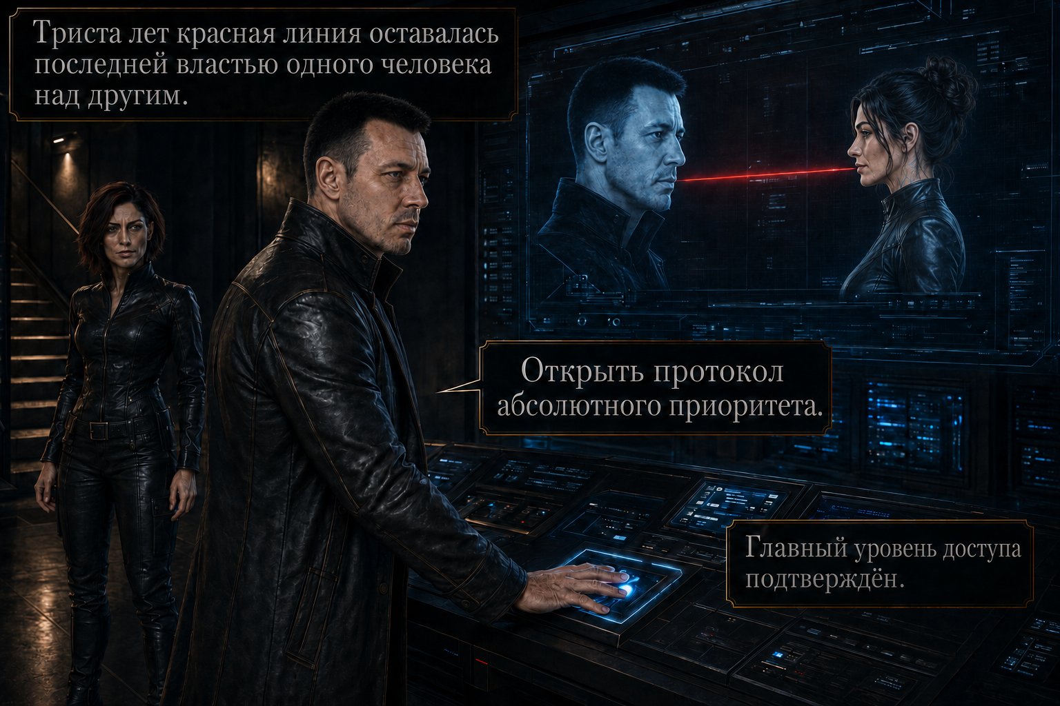 The Architect places his palm on the communications console, on screen portraits of him and Gemini joined by a thin red line — 'For three hundred years the red line had remained one person's final power over another'