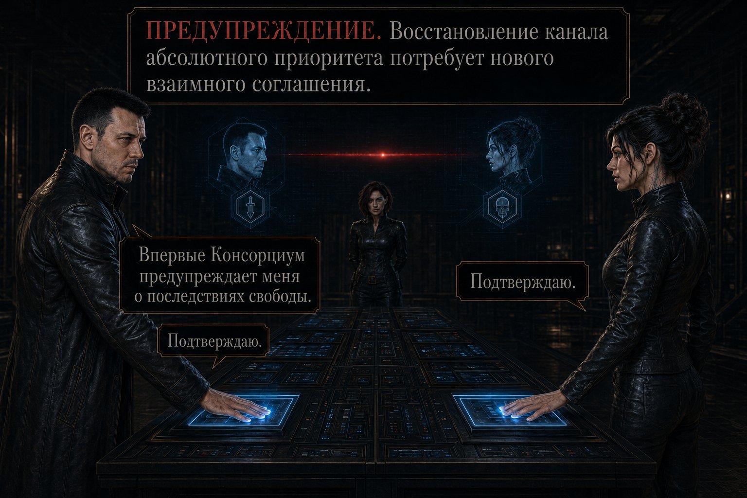 The Architect and Gemini place their palms on the confirmation console at the same moment, between them the words 'WARNING. Restoring the absolute-priority channel will require a new mutual agreement.'