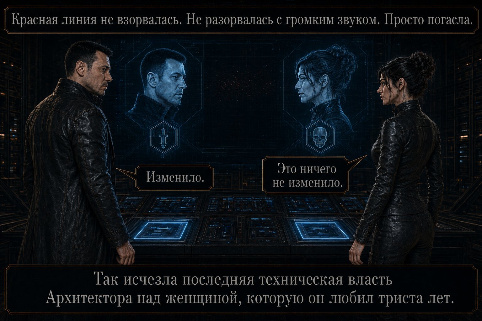 Portraits of the Architect and Gemini on screen with no red line between them, both standing with hands lowered — 'The red line didn't explode. It didn't snap apart with any sound. It simply went dark' 'That didn't change anything' 'It did'