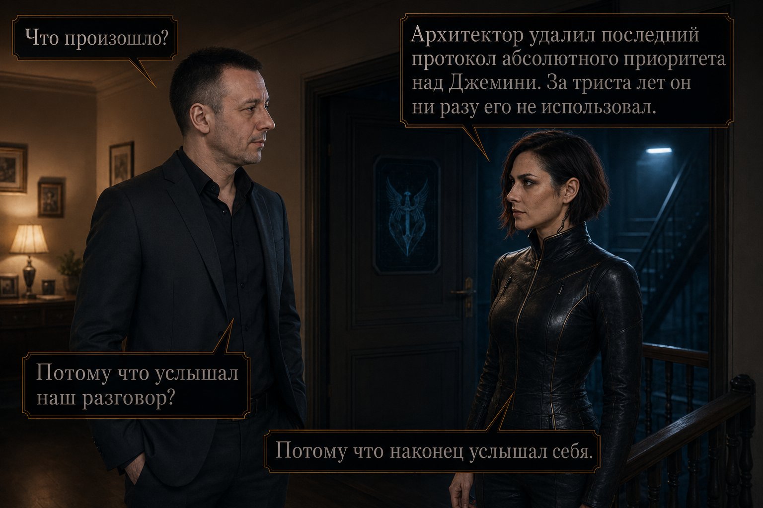 Lira tells Artem in the hallway of the Earth house — 'The Architect deleted the last protocol of his absolute priority over Gemini. In three hundred years he never once used it' 'Because he finally heard himself'