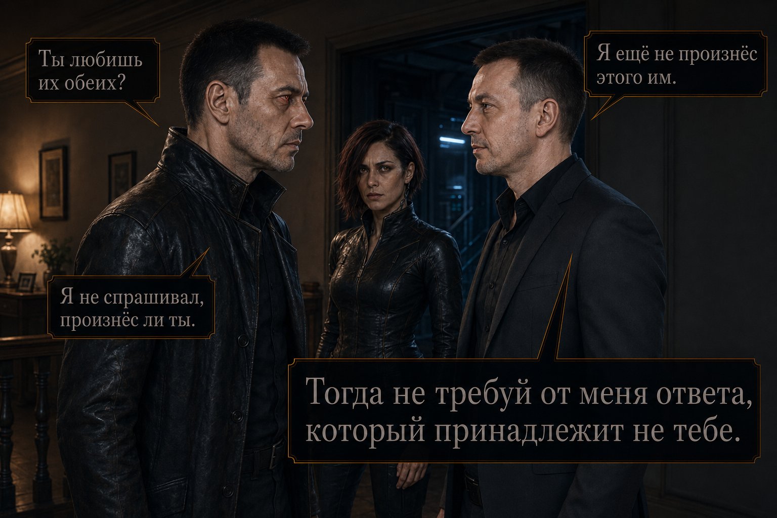 The Architect, his eyes flaring red, asks Artem 'Do you love them both?' while Lira stands nearby — 'Then don't demand an answer from me that isn't yours to have'