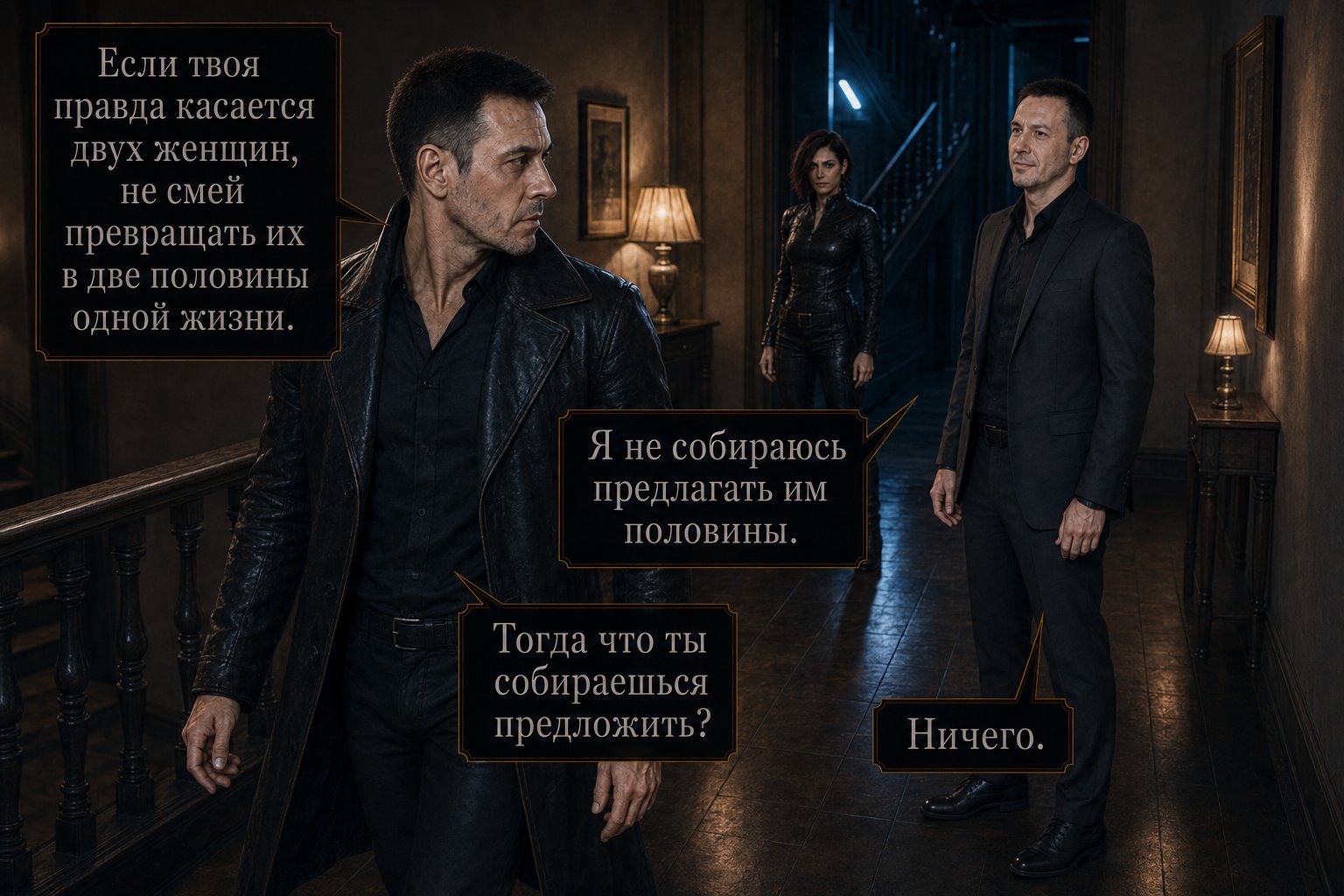 The Architect and Artem in the hallway of the Earth house, Lira on the stairs behind them — 'If your truth concerns two women, don't you dare turn them into two halves of one life' 'I'm not going to offer them halves' 'Then what?' 'Nothing'