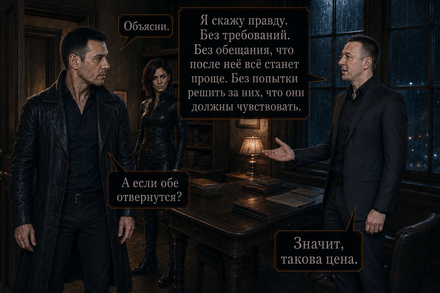 Artem spreads his hands, explaining himself to the Architect in the study — 'I'll tell the truth. Without demands. Without trying to decide for them what they should feel' 'And if they both turn away from you?' 'Then that's the price'
