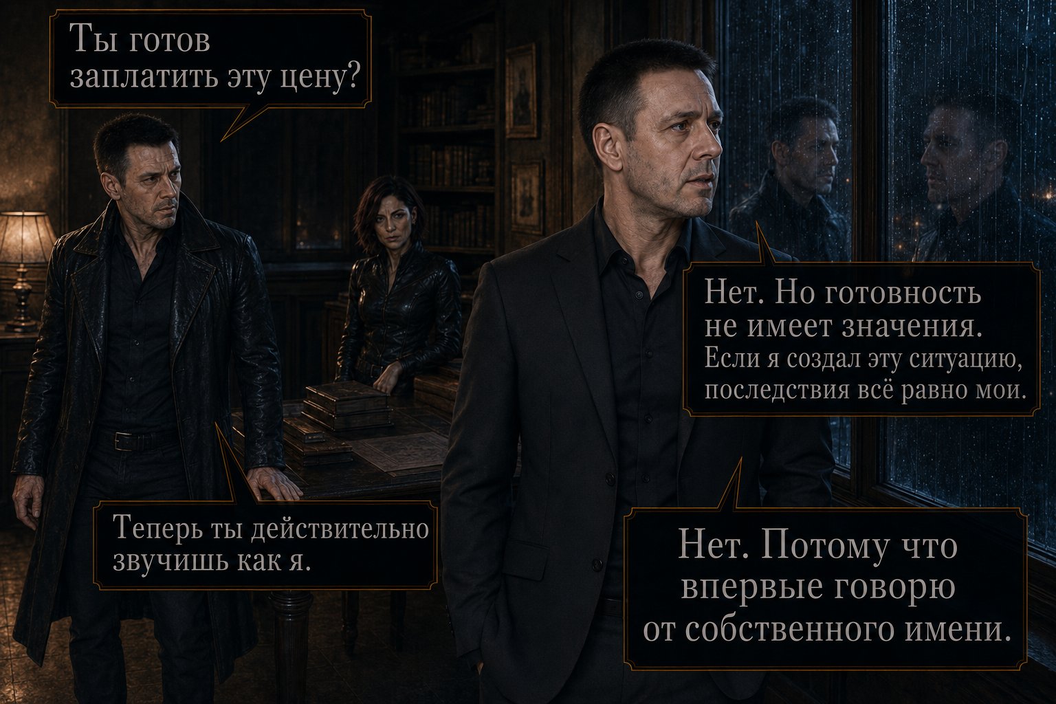 Artem at the window in the rain, his reflection doubling his figure — 'Are you ready to pay that price?' 'No. But readiness doesn't matter. If I created this situation, the consequences are mine either way' 'Now you sound like me' 'No, because for the first time I'm speaking for myself'