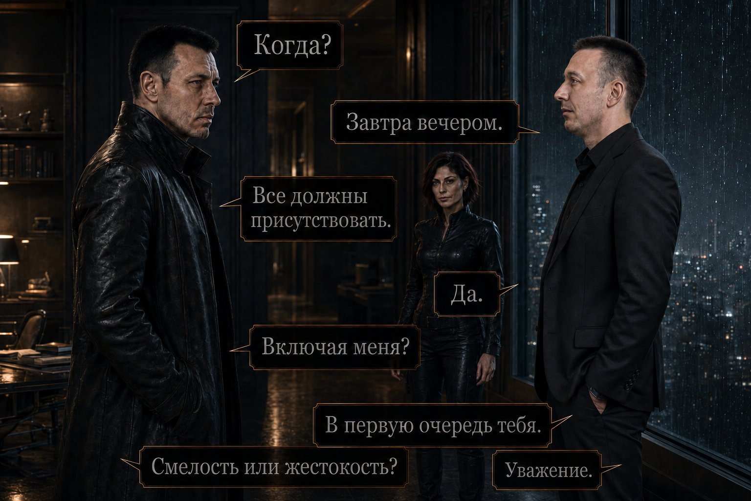 The Architect and Artem stand facing each other, Lira between them in the background — 'When?' 'Tomorrow evening. Everyone should be there' 'Including me?' 'You most of all' 'Courage or cruelty?' 'Respect'