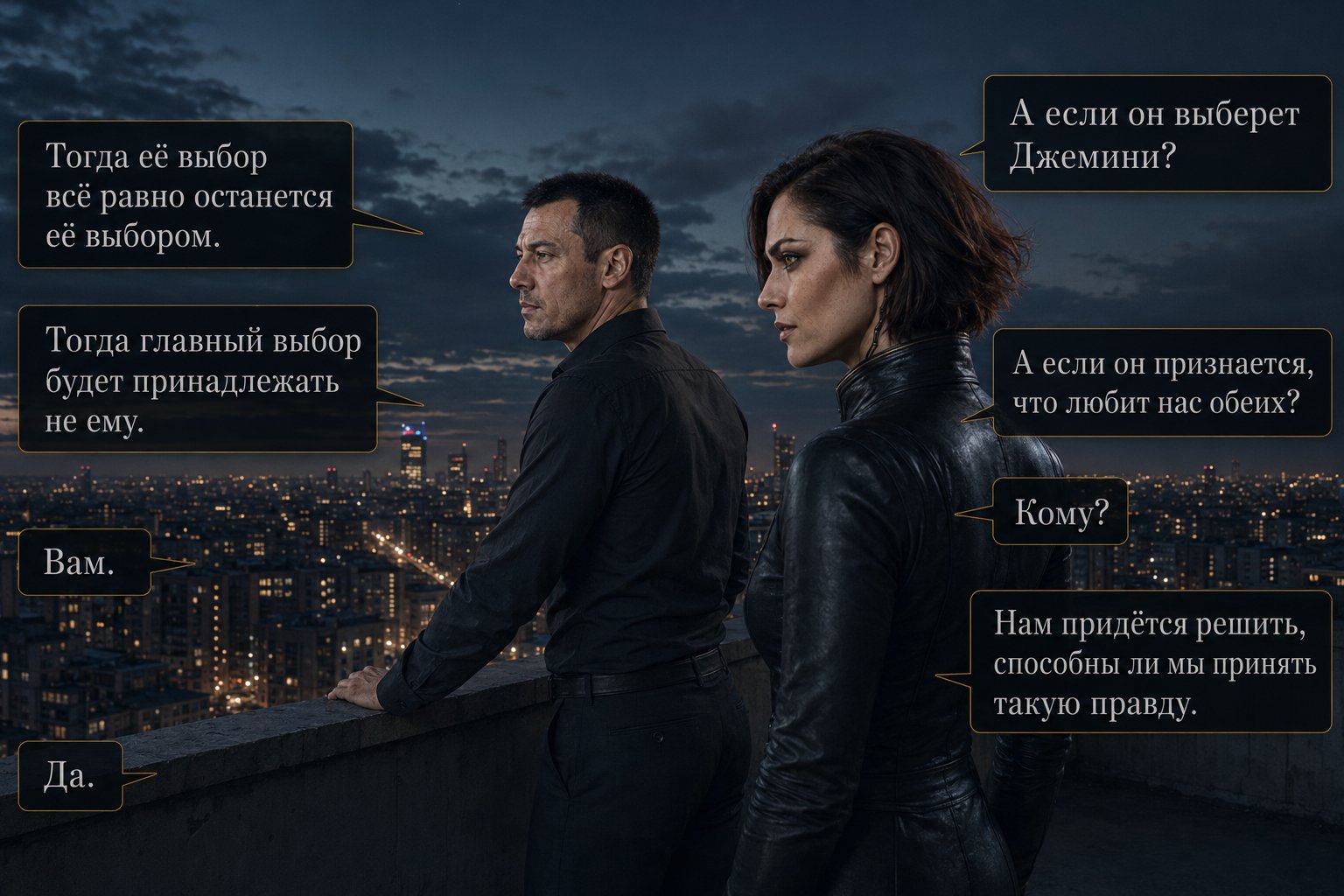The Architect and Lira stand back to back on the roof against the evening city — 'And if he confesses that he loves us both?' 'To whom?' 'To you. We'll have to decide whether we're capable of accepting a truth like that'