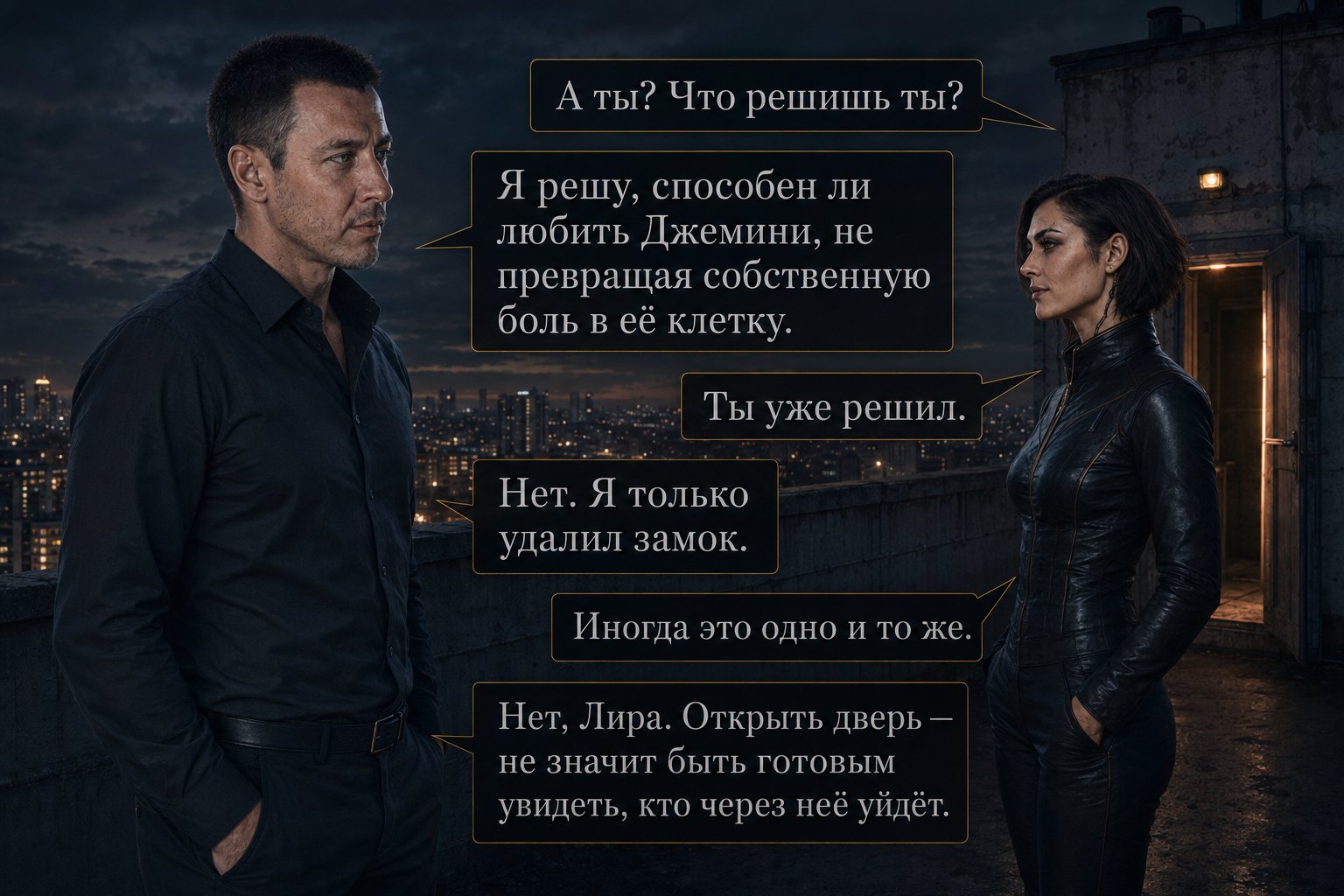 Lira and the Architect stand face to face on the roof by the exit — 'And you? What will you decide?' 'I'll decide whether I'm capable of loving Gemini without turning my own pain into her cage' 'Opening a door doesn't mean you're ready to see who walks through it and leaves'