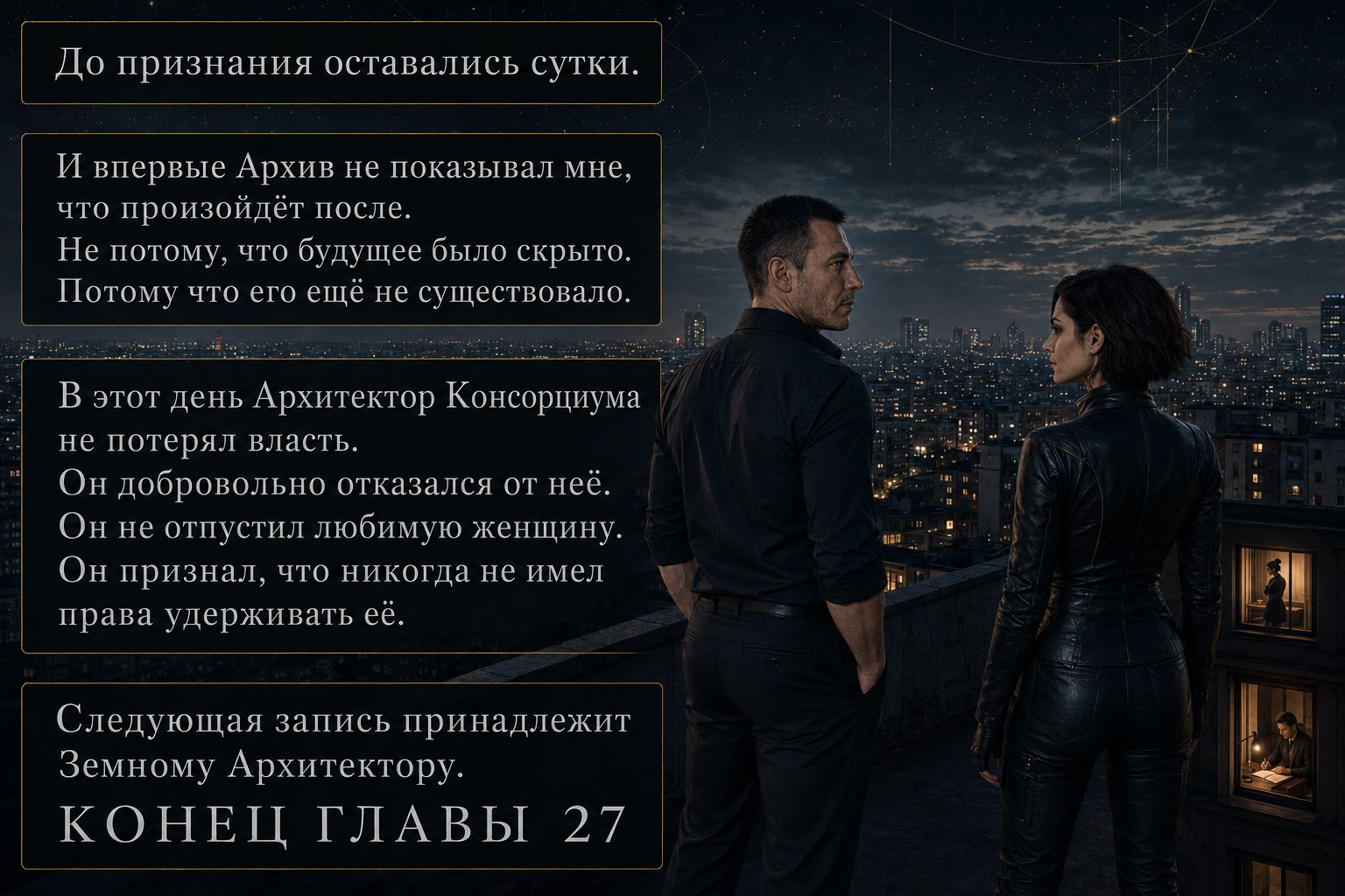 The Architect and Lira stand together on the roof under a starry sky, Gemini and Artem visible in windows in the distance — 'A day remained until the confession. The Architect did not lose power. He gave it up willingly' 'The next entry belongs to the Earth Architect'