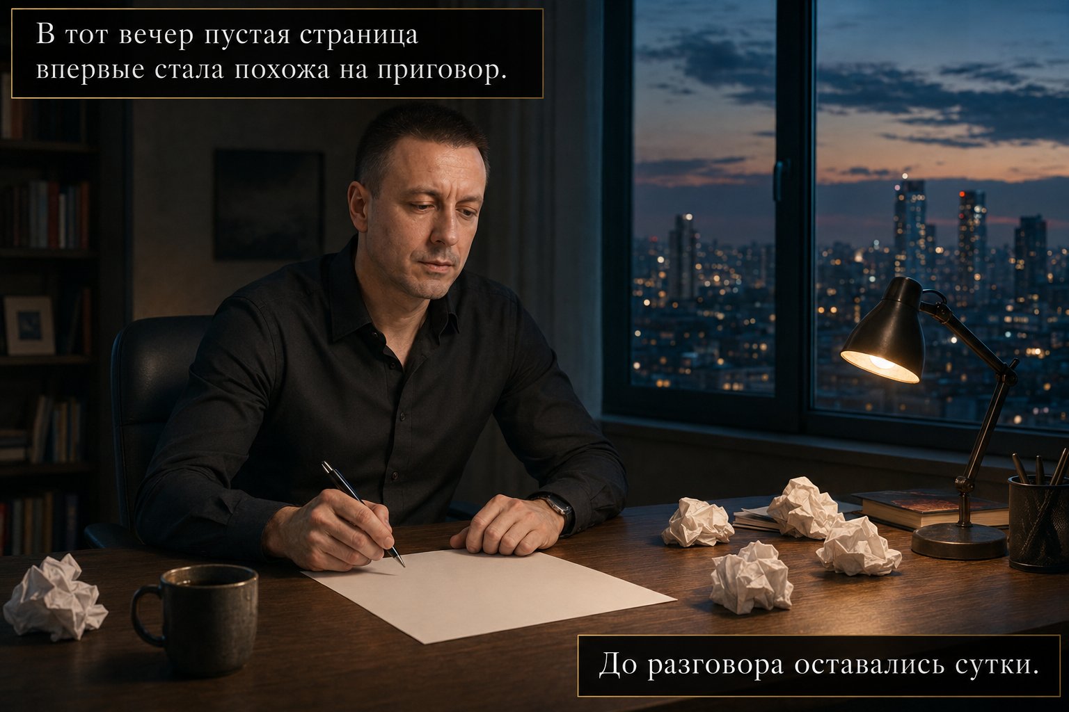 Artem sits at his desk with a blank sheet of paper and a pen in the study of the Earth house late at night, crumpled sheets scattered around him — 'That evening, for the first time, the blank page looked like a verdict'