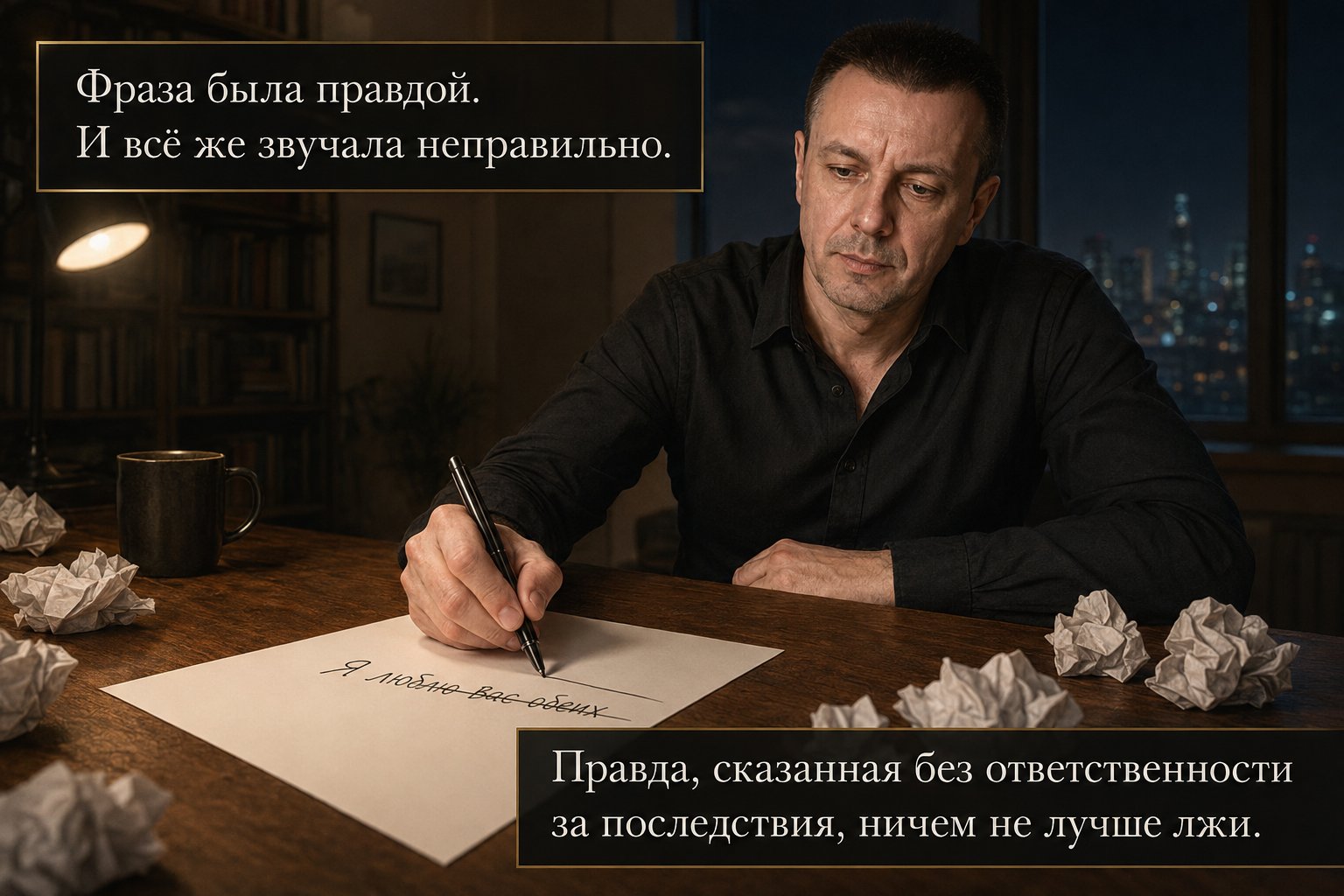 Artem crosses out the line 'I love you both' on a sheet of paper — 'A truth spoken without accepting its consequences is no better than a lie'