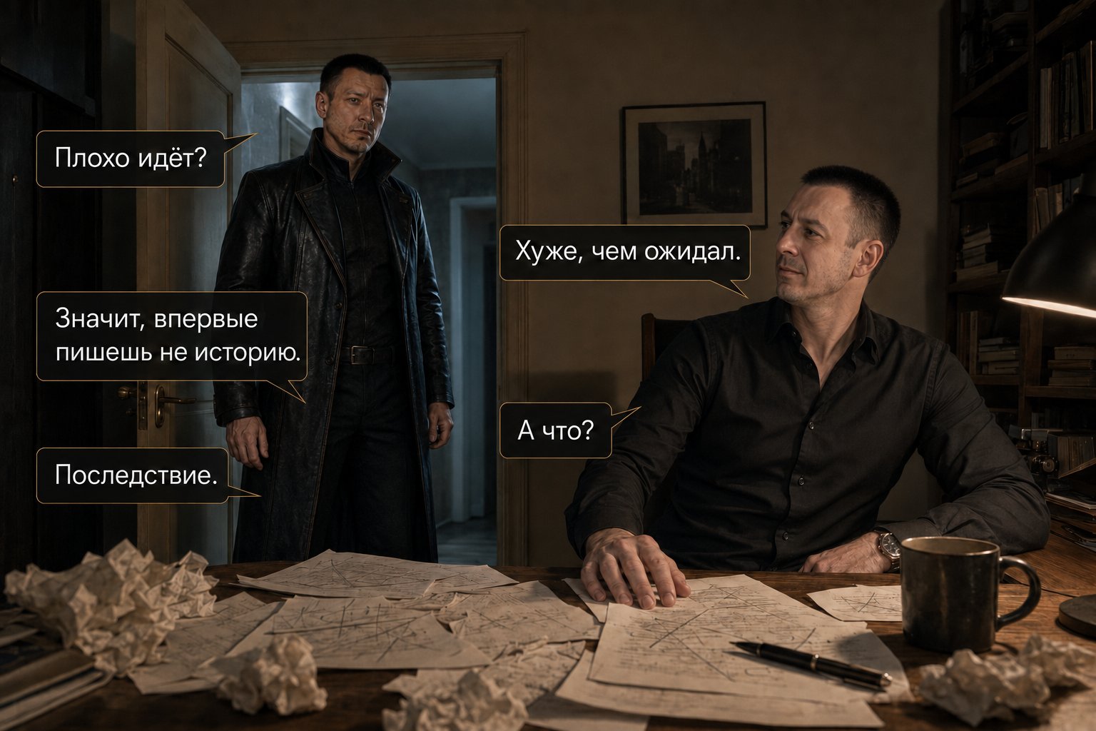 The Architect walks into Artem's study without knocking and looks over the scattered, crossed-out pages — 'Not going well?' 'Worse than I expected.' 'So this is the first time you're writing something that isn't a story.' 'What is it, then?' 'A consequence.'