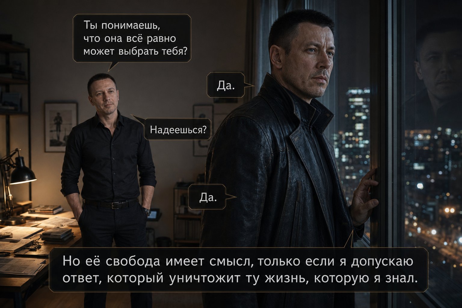 The Architect stands at the window overlooking the night city, his reflection doubled in the glass, Artem seated at the desk behind him — 'Her freedom only means something if I allow for the answer that would destroy the life I've known'