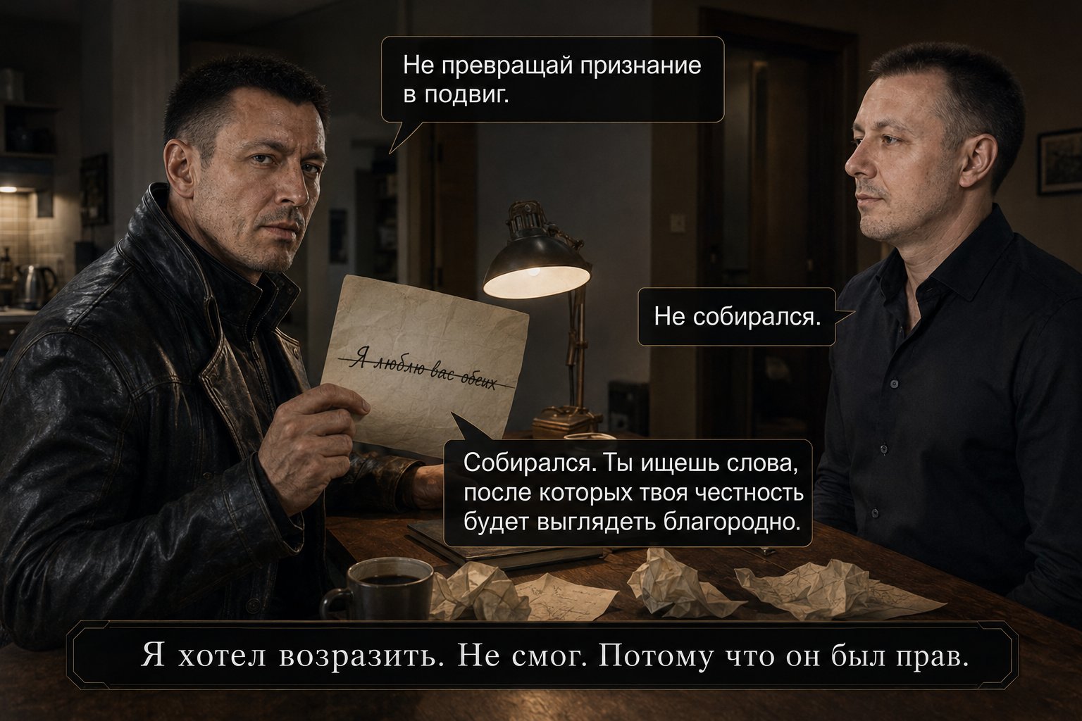 The Architect holds up the crossed-out sheet with the line 'I love you both' — 'Don't turn a confession into an act of heroism.' 'I wasn't going to.' 'You were. You're looking for words that will make your honesty sound noble.'