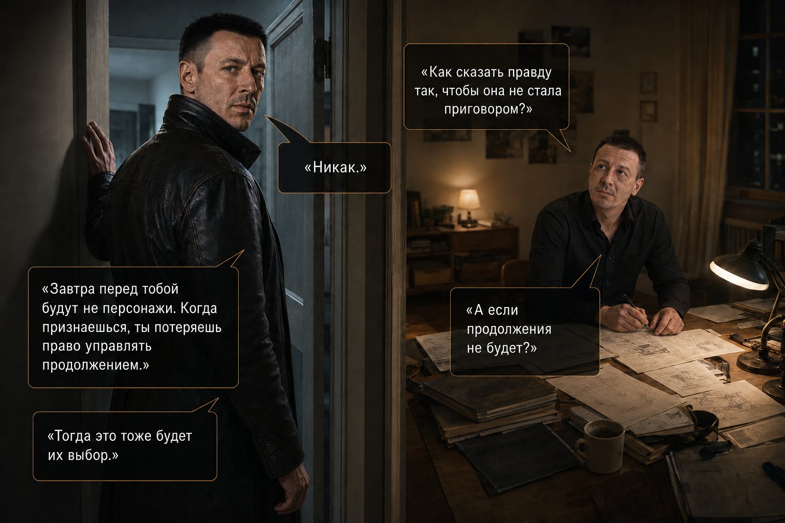 Split composition: the Architect at the door says 'Tomorrow, the people in front of you won't be characters. The moment you confess, you lose the right to control what happens next,' while Artem at the desk, surrounded by drafts, asks 'And if there is no what happens next?'