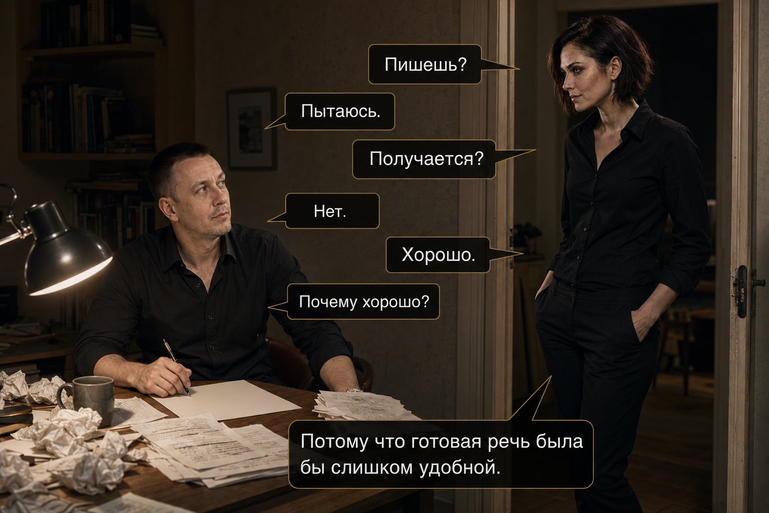 Lira appears in the study doorway in a black shirt, without her Archivist's armor — 'Writing?' 'Trying to.' 'Is it working?' 'No.' 'Good.' 'Why good?' 'Because a finished speech would be too convenient.'