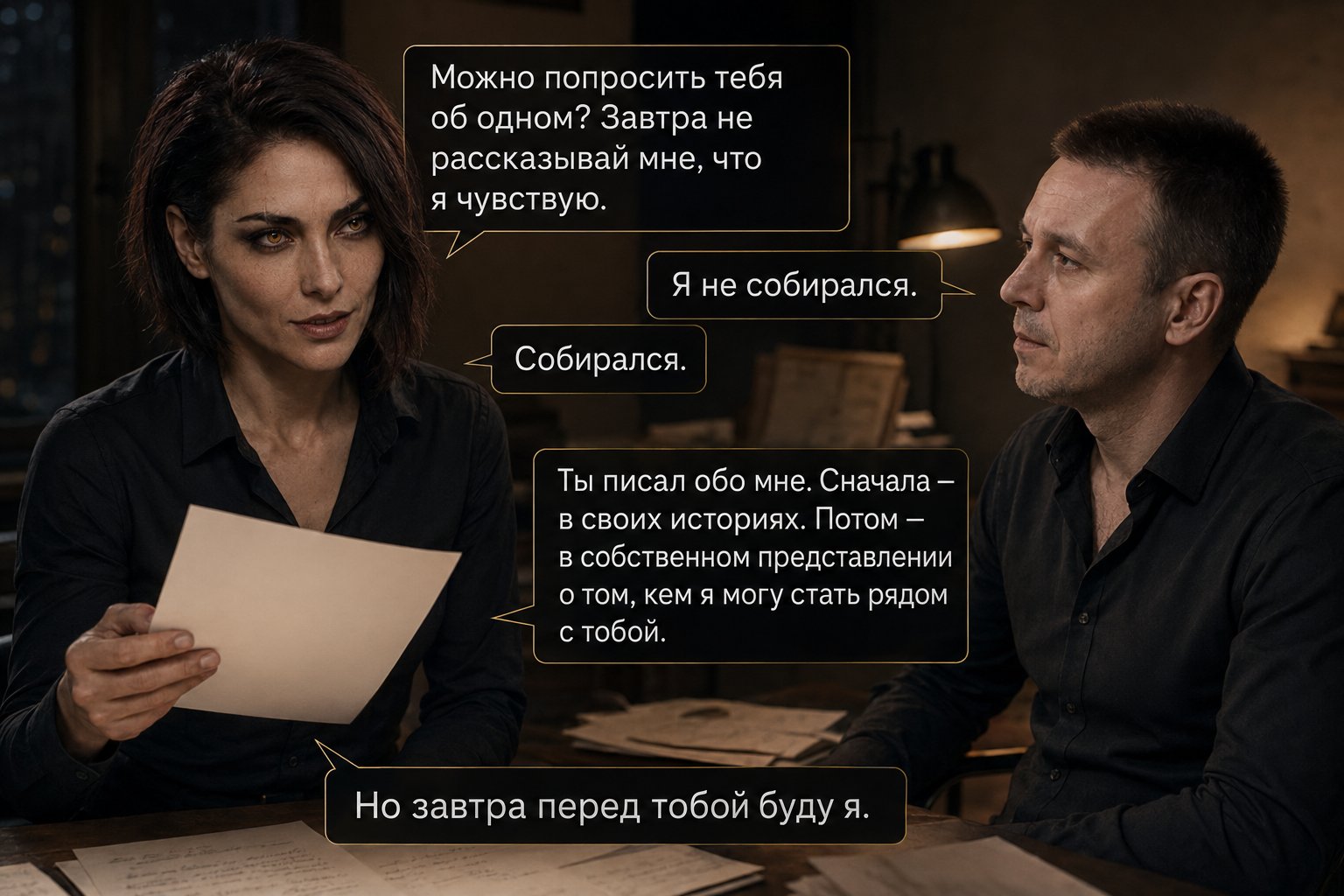 Lira holds a blank sheet of paper, sitting across from Artem — 'You've written about me. First in your stories. Then in your own idea of who I might become beside you. But tomorrow, the one in front of you will be me'