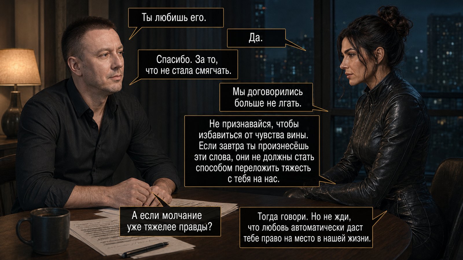 Gemini sits across the desk from Artem — 'You love him.' 'Yes.' 'Thank you. For not softening it.' 'Don't confess just to unburden your guilt.' 'Don't expect love to automatically earn you a place in our lives.'