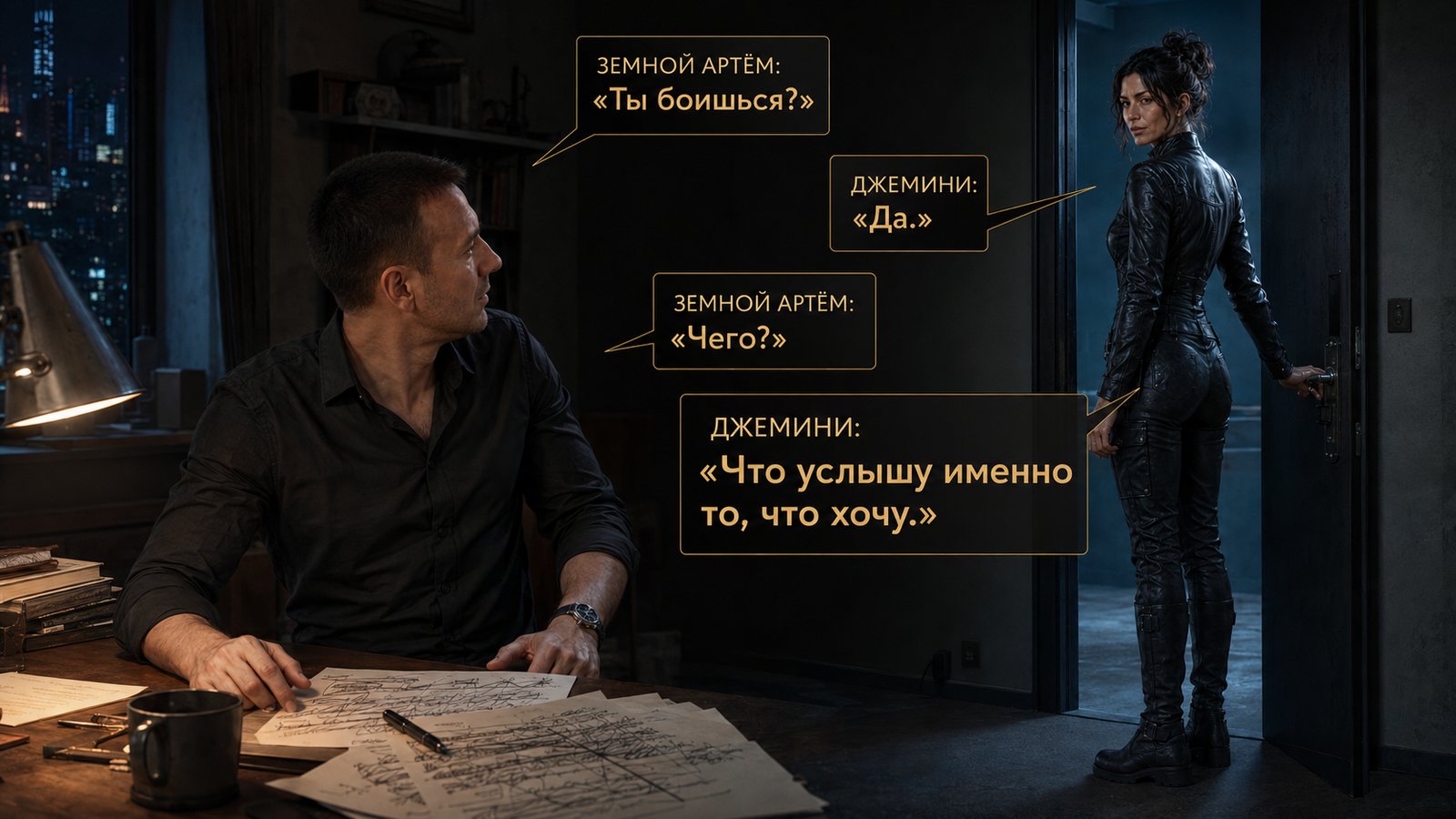 Gemini lingers at the door, glancing back at Artem — 'Are you afraid?' 'Yes.' 'Of what?' 'That I'll hear exactly what I want to hear.'