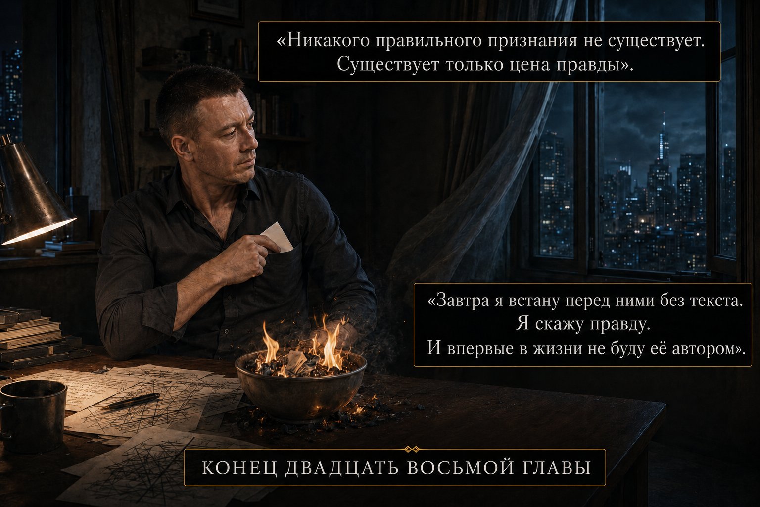 Artem burns the last pages in a metal bowl on the desk, having tucked away one saved sheet, the night city visible through the window — 'There is no such thing as a right way to confess. There is only the price of the truth.' 'Tomorrow I will tell the truth. And for the first time in my life, I will not be its author.'