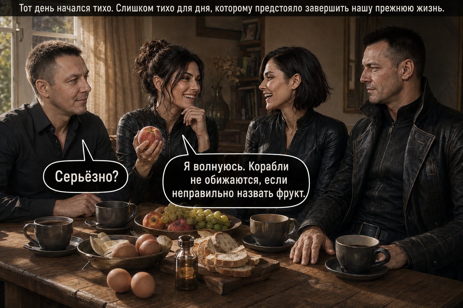 All four of them laughing at breakfast, Gemini holding a peach — "Seriously?" "I'm nervous. Ships don't mind if you get a fruit's name wrong."