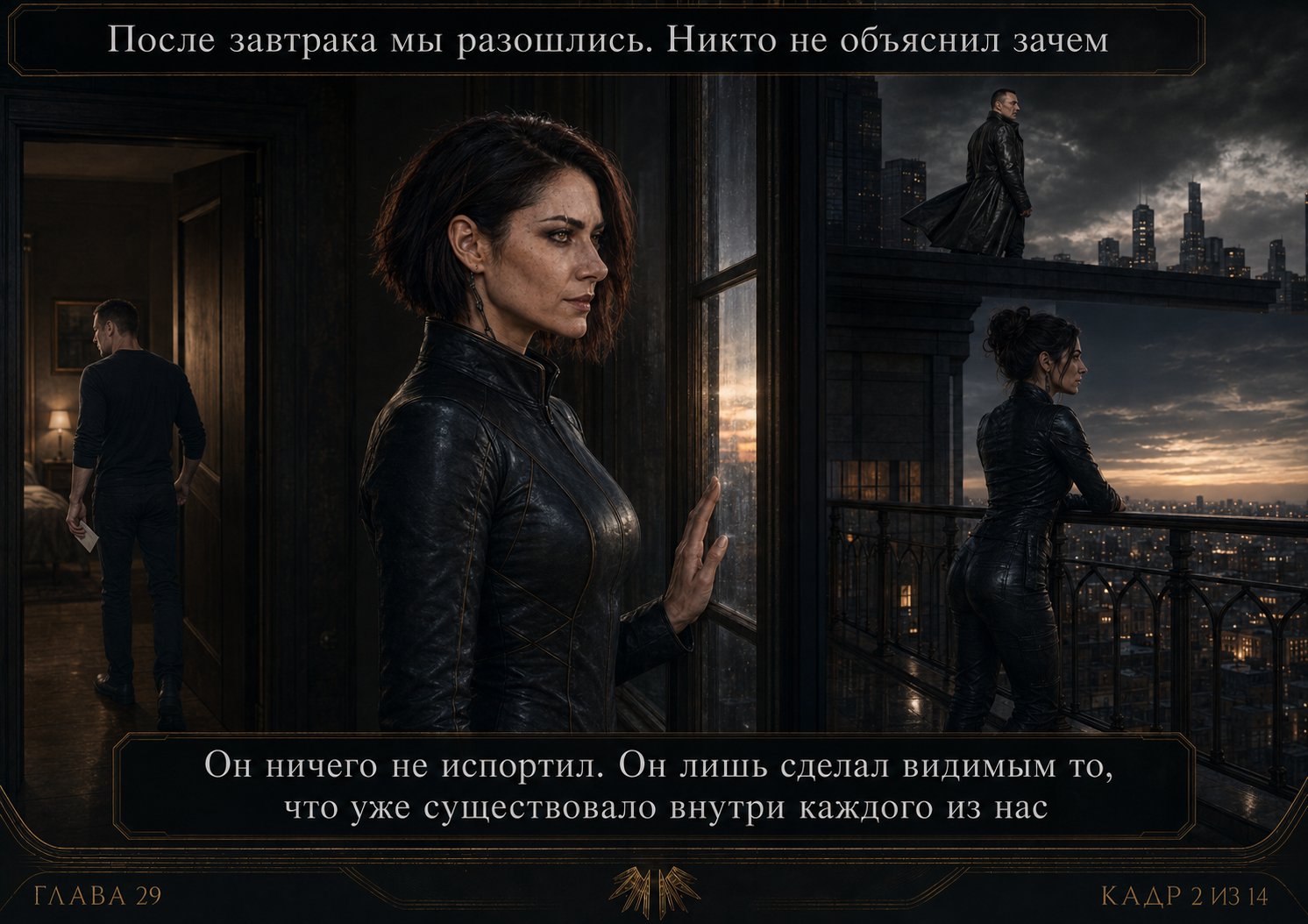 After breakfast, everyone goes their separate ways: the Architect to the roof, Lira to the balcony, Artem to his room — "He hadn't ruined anything. He had only made visible what already existed inside each of us."