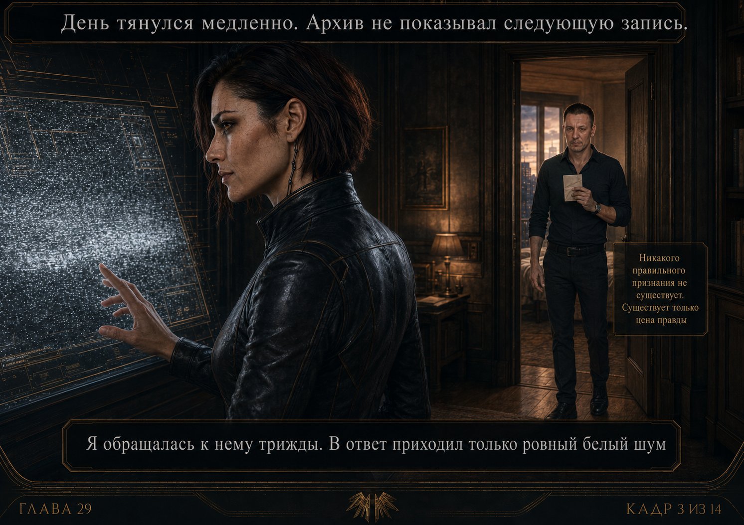 Lira touches the Archive's screen, white noise where the entry should be, Artem in the distance holding a folded note — "I called on it three times. Each time, nothing came back but a steady white noise."