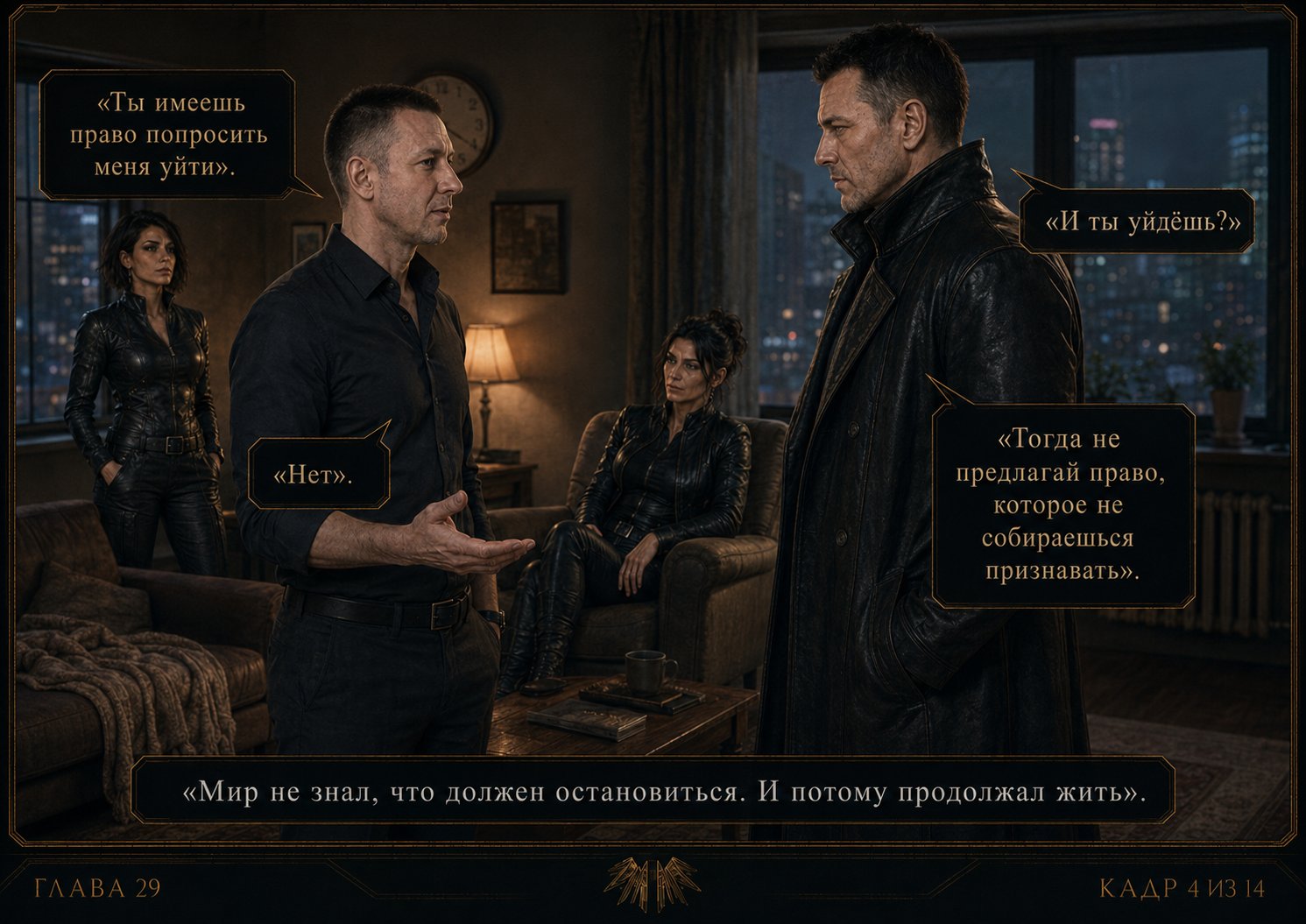 All four of them in the living room: Artem at the center, the Architect facing him — "You have the right to ask me to leave." "And would you?" "No." "Then don't offer a right you have no intention of honoring."