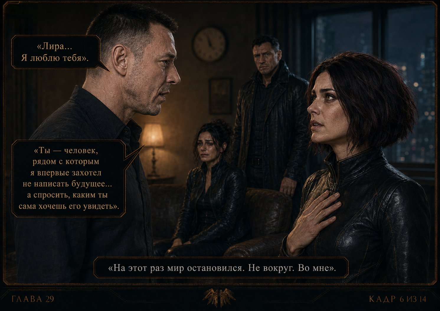 Artem speaks to Lira, all four of them in the room — "Lira... I love you. You are the person beside whom, for the first time, I wanted not to write the future, but to ask how you wanted to see it yourself."