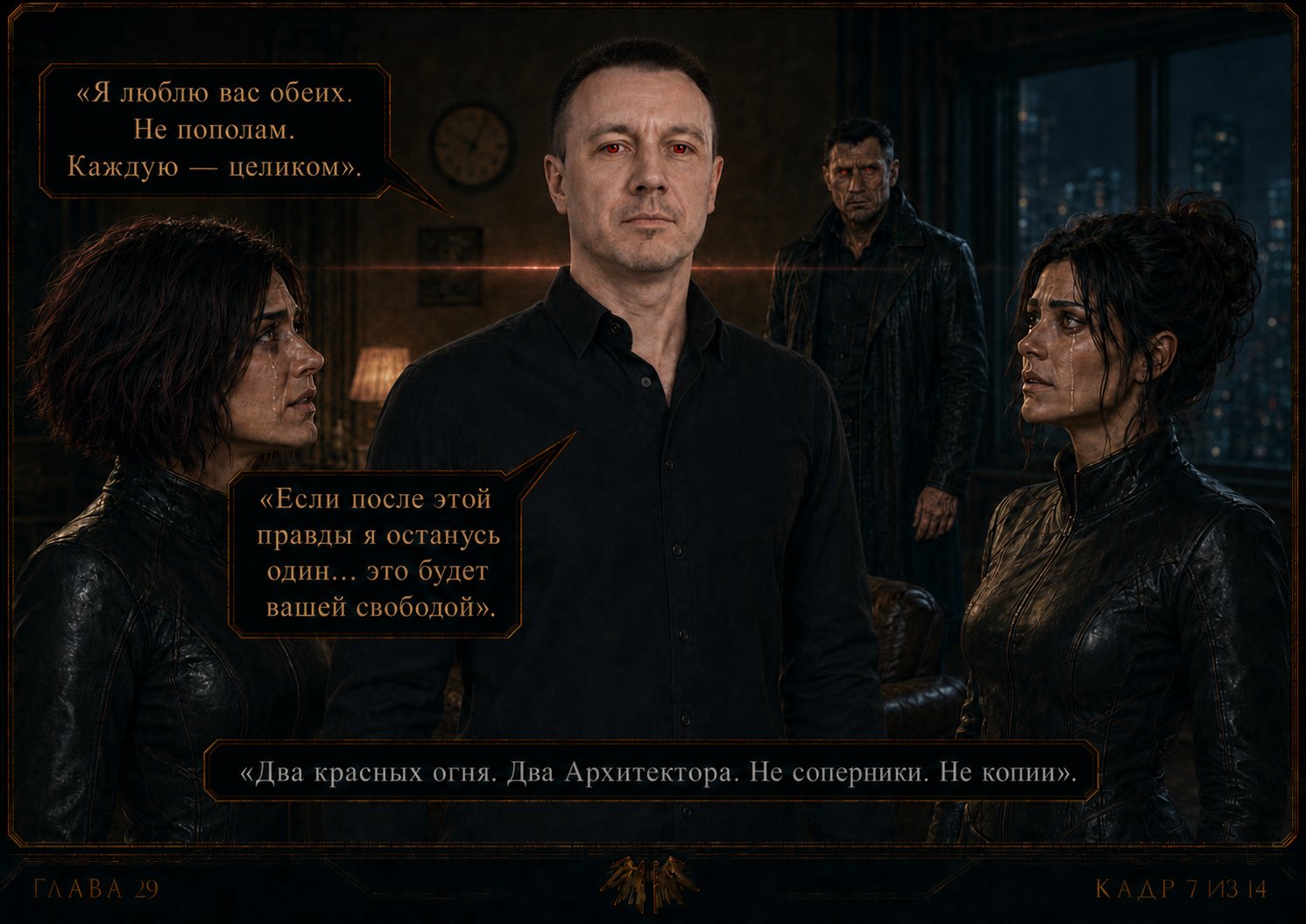 Artem's and the Architect's eyes flare red at the same instant — "I love you both. Not split in half. Each of you completely." "If, after this truth, I end up alone, it will be your freedom." "Two red flames. Two Architects. Not rivals. Not copies."