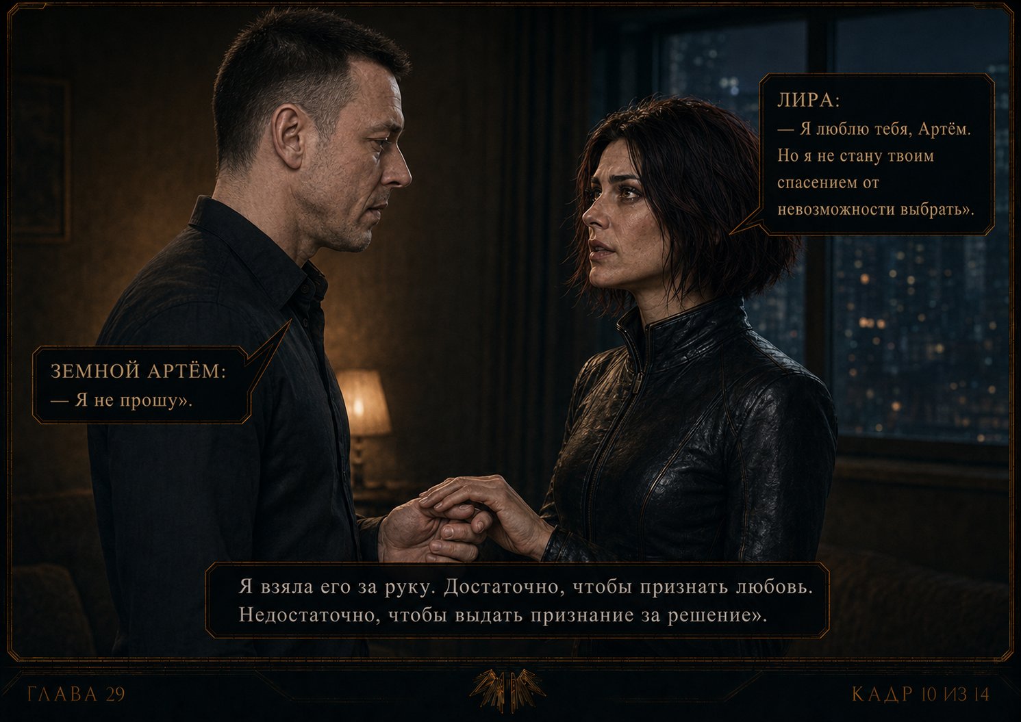 Lira takes Artem's hand — "I'm not asking." "I know." — "I took his hand. Enough to acknowledge love. Not enough to pass a confession off as a decision."