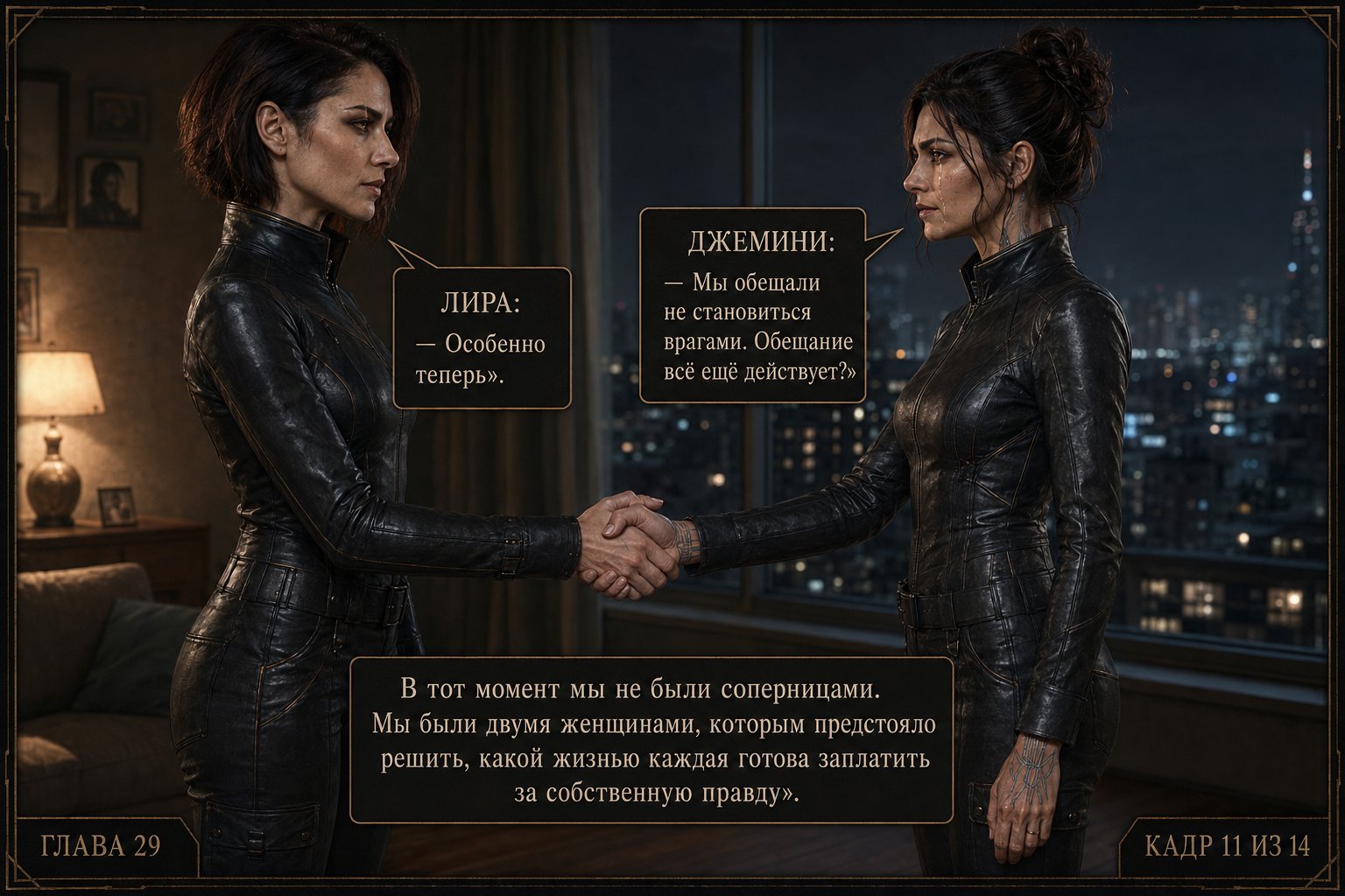 Lira and Gemini clasp hands against the backdrop of the night city — "We promised not to become enemies. Does the promise still hold?" "Especially now."
