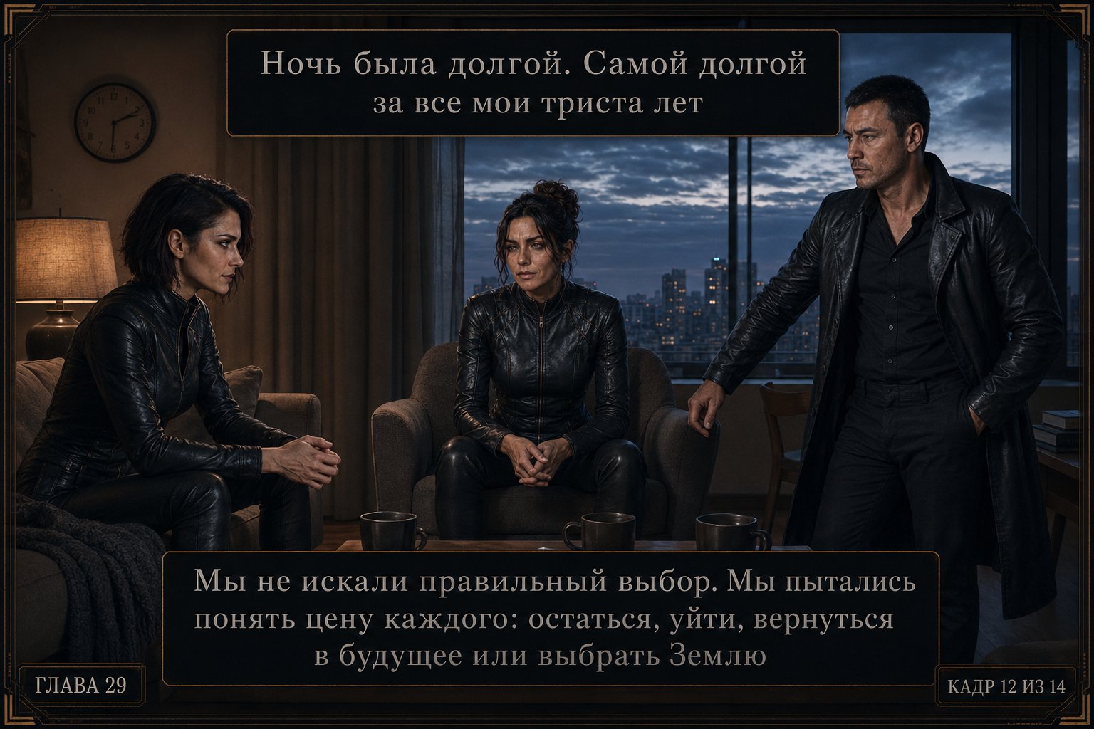 Lira, Gemini, and the Architect in the living room at dawn, three cups of coffee on the table — "The night was long. The longest of all my three hundred years." "We weren't searching for the right choice. We were trying to understand the price of each one."
