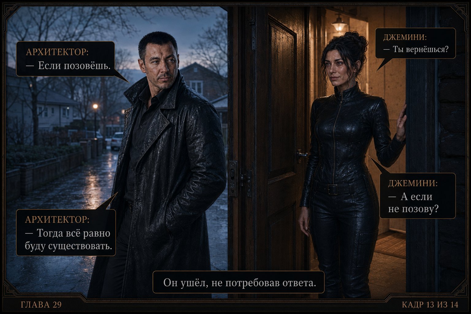 Split composition: the Architect walking away down a wet night street, Gemini watching him go from the doorway — "Will you come back?" "If you call for me." "And if I don't?" "Then I'll go on existing all the same." "He left without demanding an answer."
