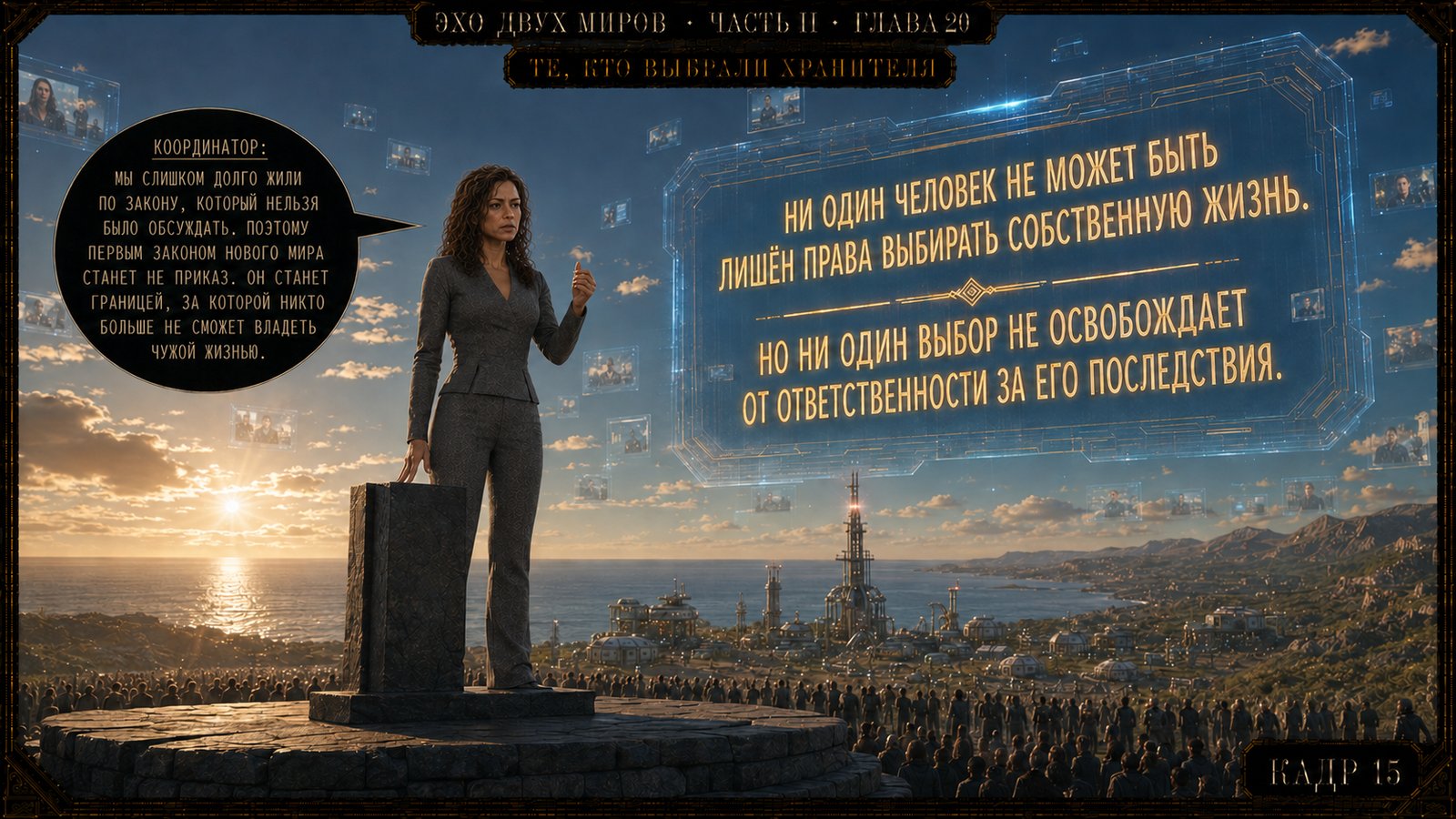 A hologram of a man in military uniform appeared above the platform.