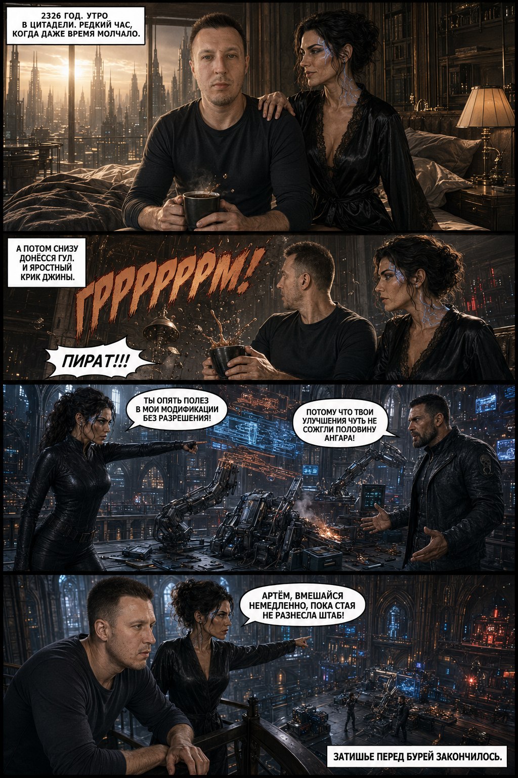 Comic page: morning in the Citadel, the shout 'PIRATE!!!', a fight about modifications, 'Artyom, intervene'