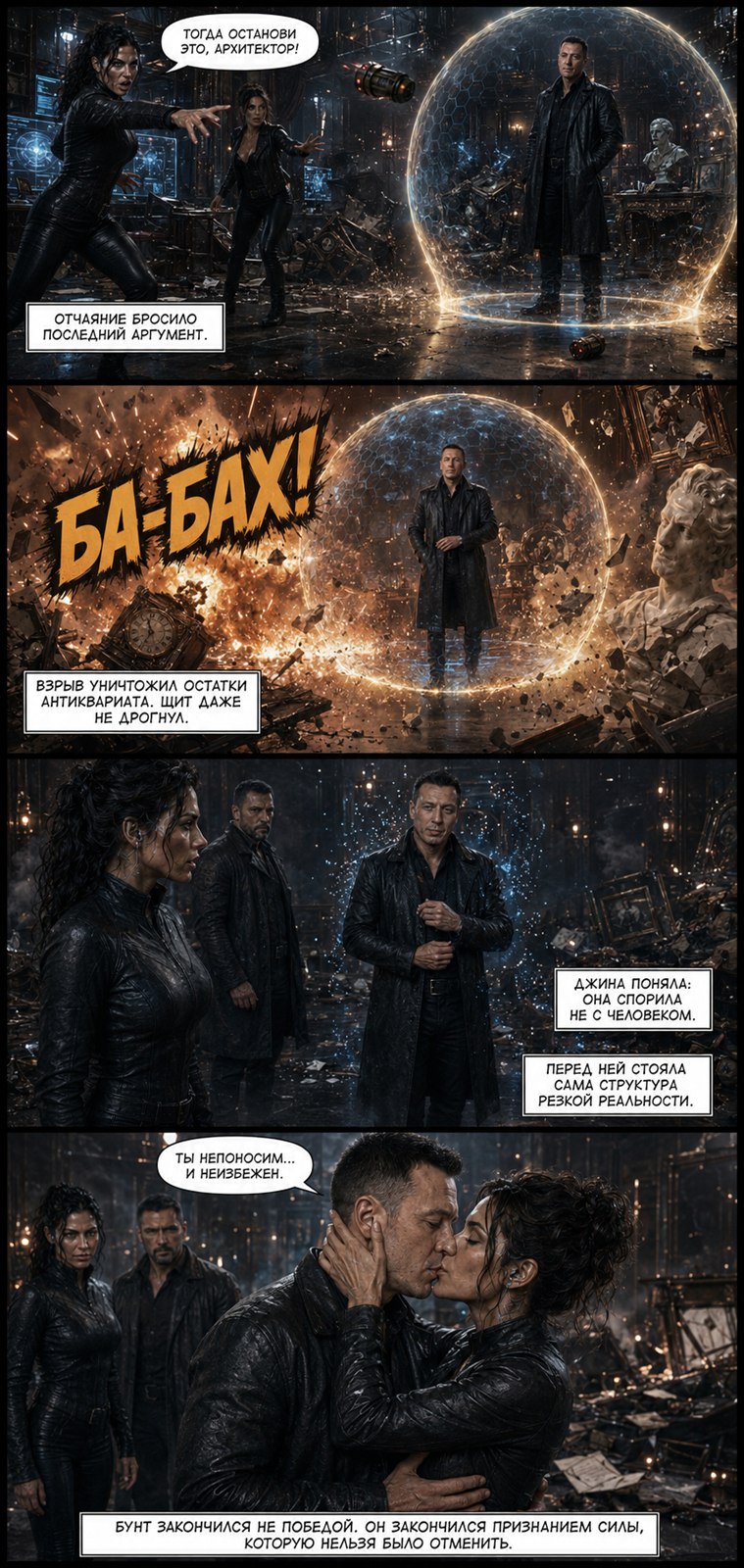 Comic page: a grenade, the explosion, the shield unscathed, Gemini kisses the Architect through the wreckage