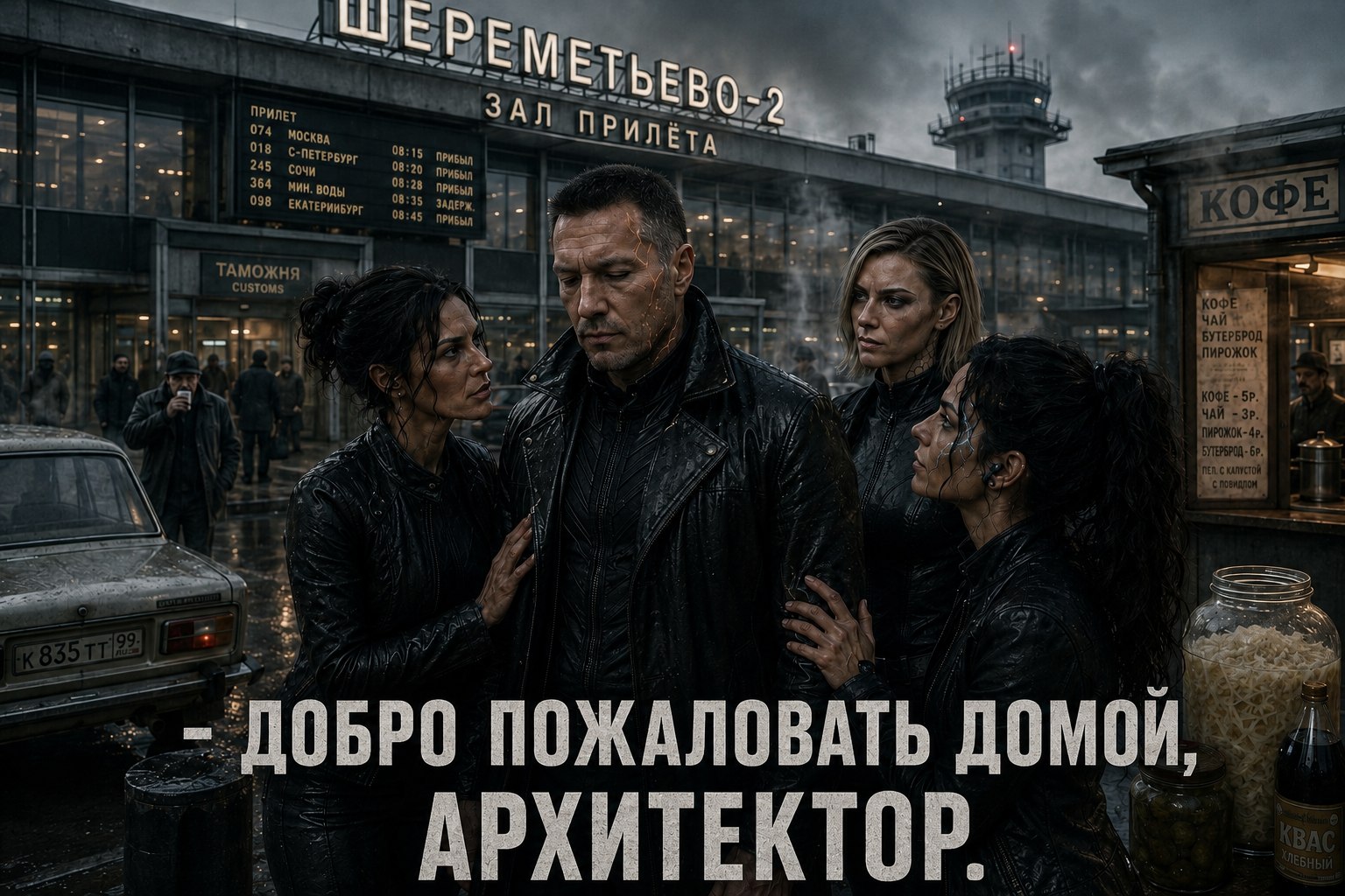 Comic page: outside Sheremetyevo-2, 'Welcome home, Architect'