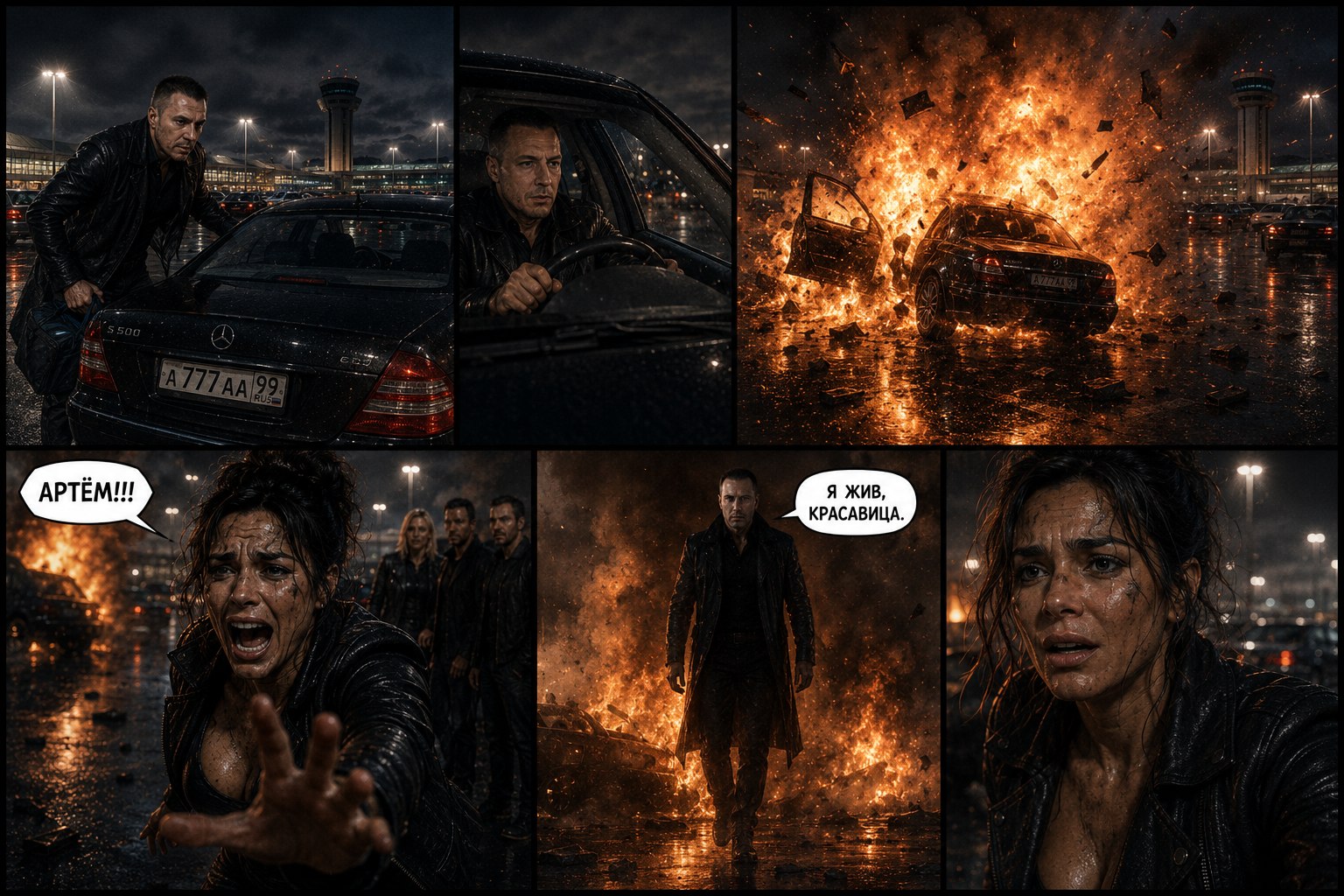 Comic page: a car explosion in the Sheremetyevo parking lot, the shockwave knocks the Pack off their feet