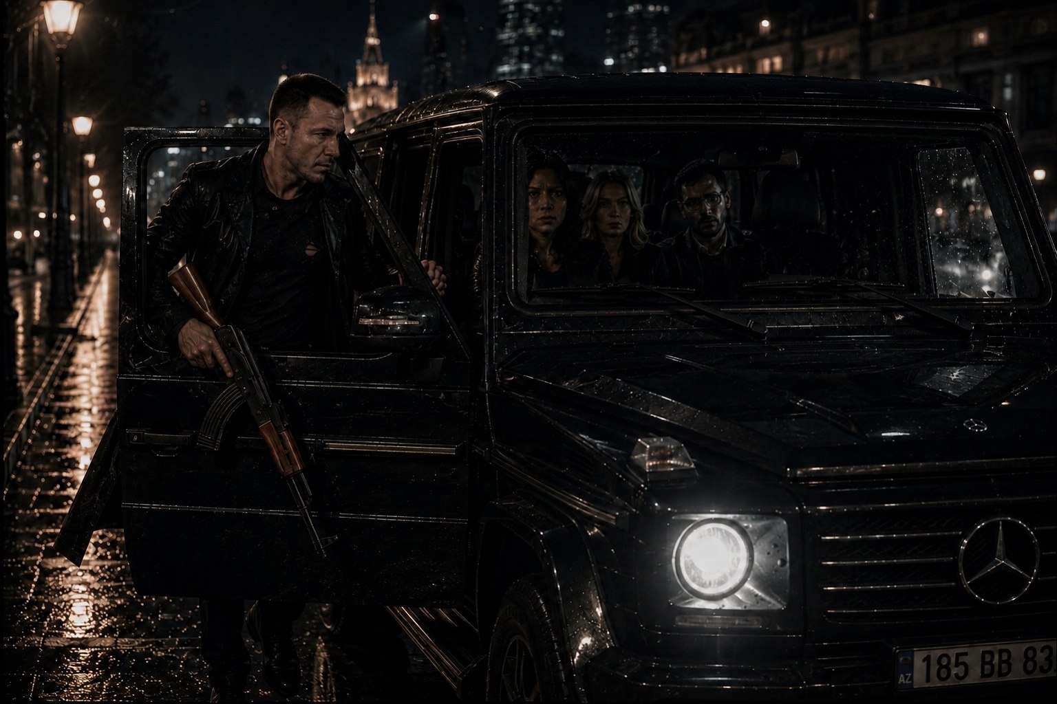 Comic page: the stolen car driving through night-time Moscow