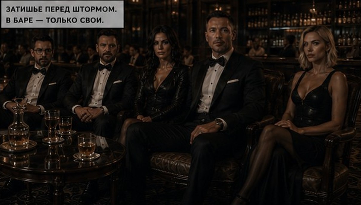 Comic page: the whole Pack in tuxedos and evening gowns at the hotel bar