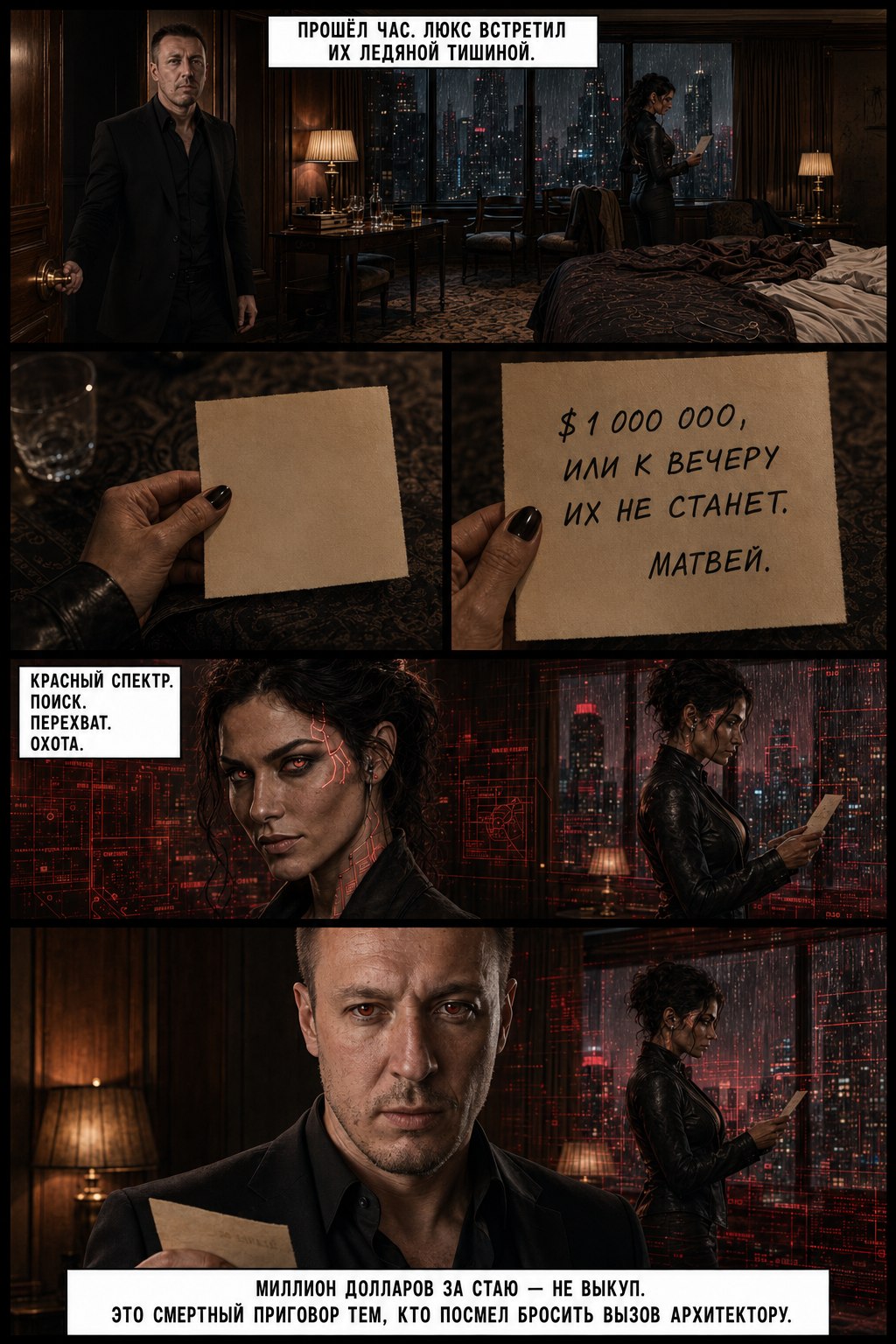 Comic page: a ransom note, '$1,000,000, or by evening they won't exist — Matvey'