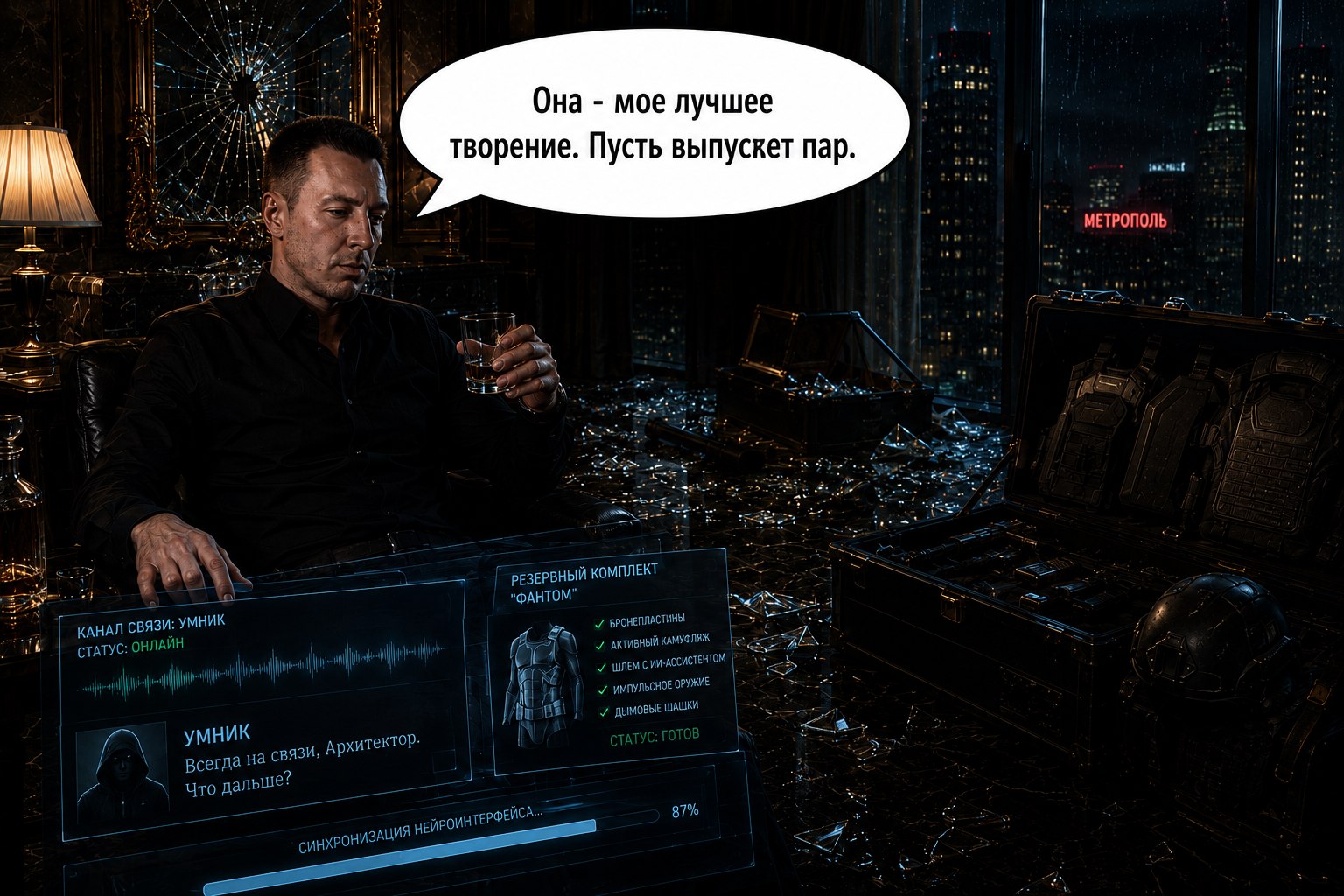Comic page: the Architect on comms with Dexter, prepping the 'Phantom' reserve combat kit