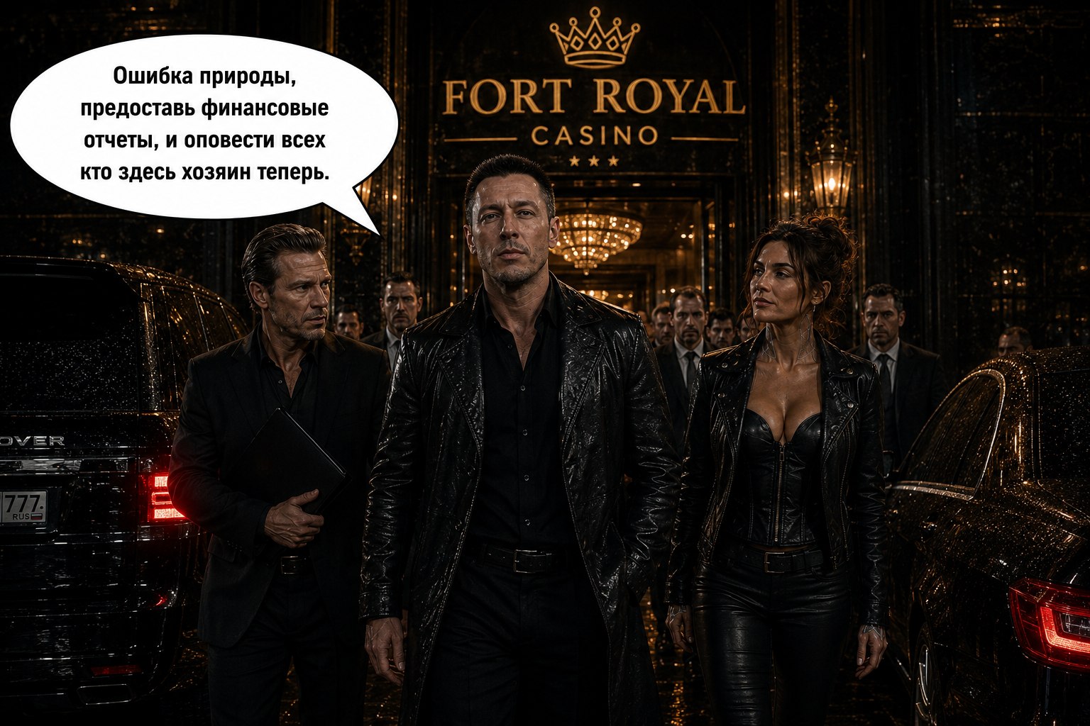 Comic page: the Pack walking out of the Fort Royal casino as its new owners