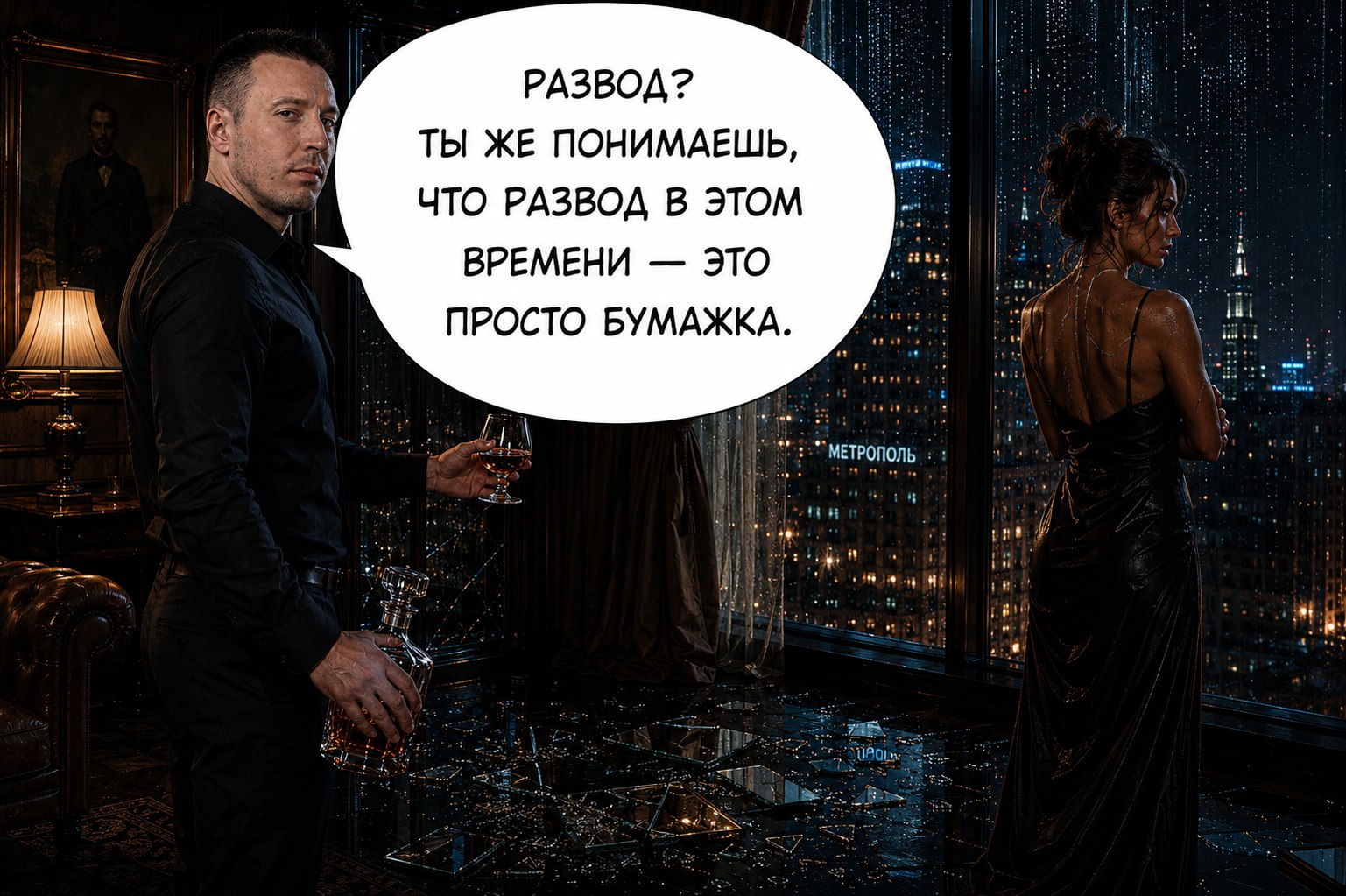 Comic page: Gemini by the window over night-time Moscow, 'Divorce? You understand a divorce in this era is just a piece of paper'