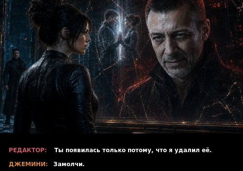Comic panel: you exist because I deleted her